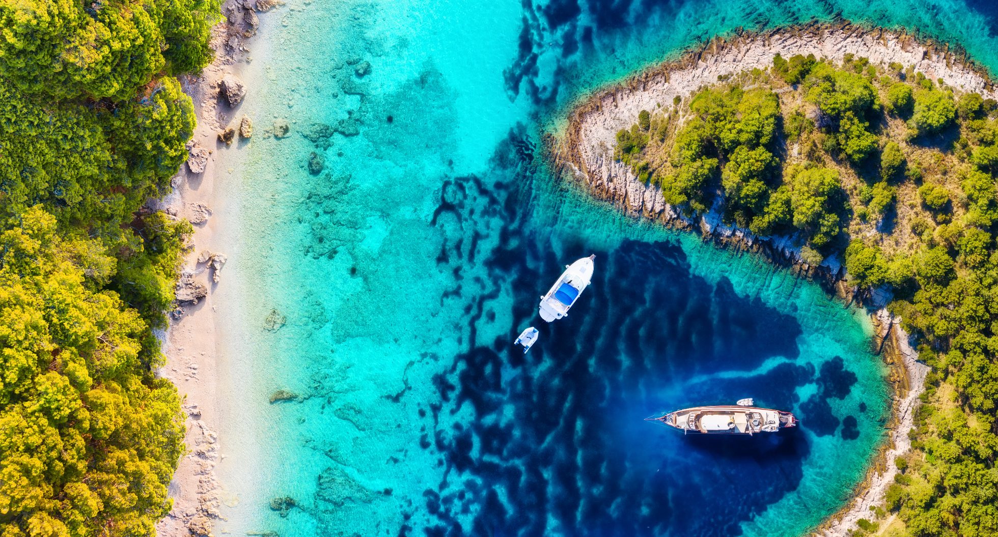 Yachts on the sea in Croatia, seen from above.