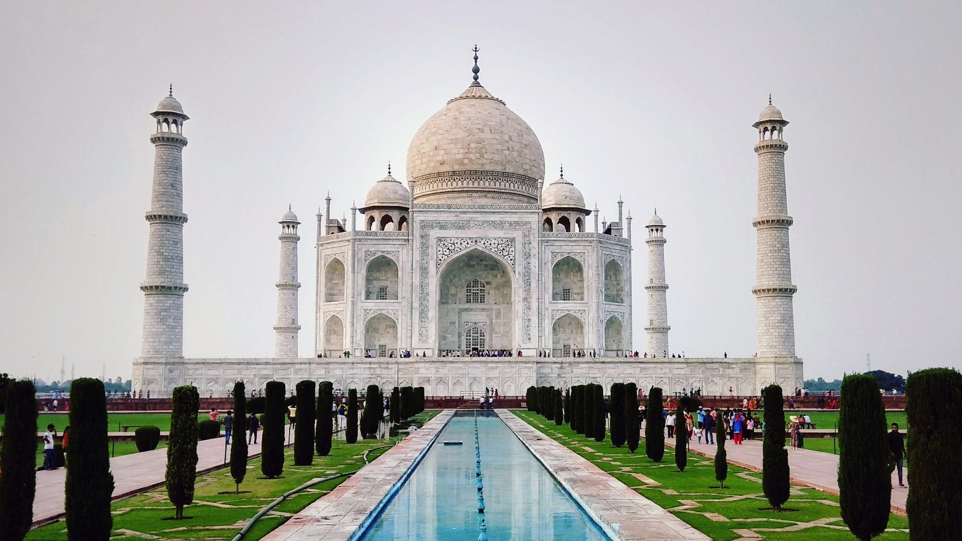 A view of the Taj Mahal mausoleum in India, by the water surrounded by cypress trees.