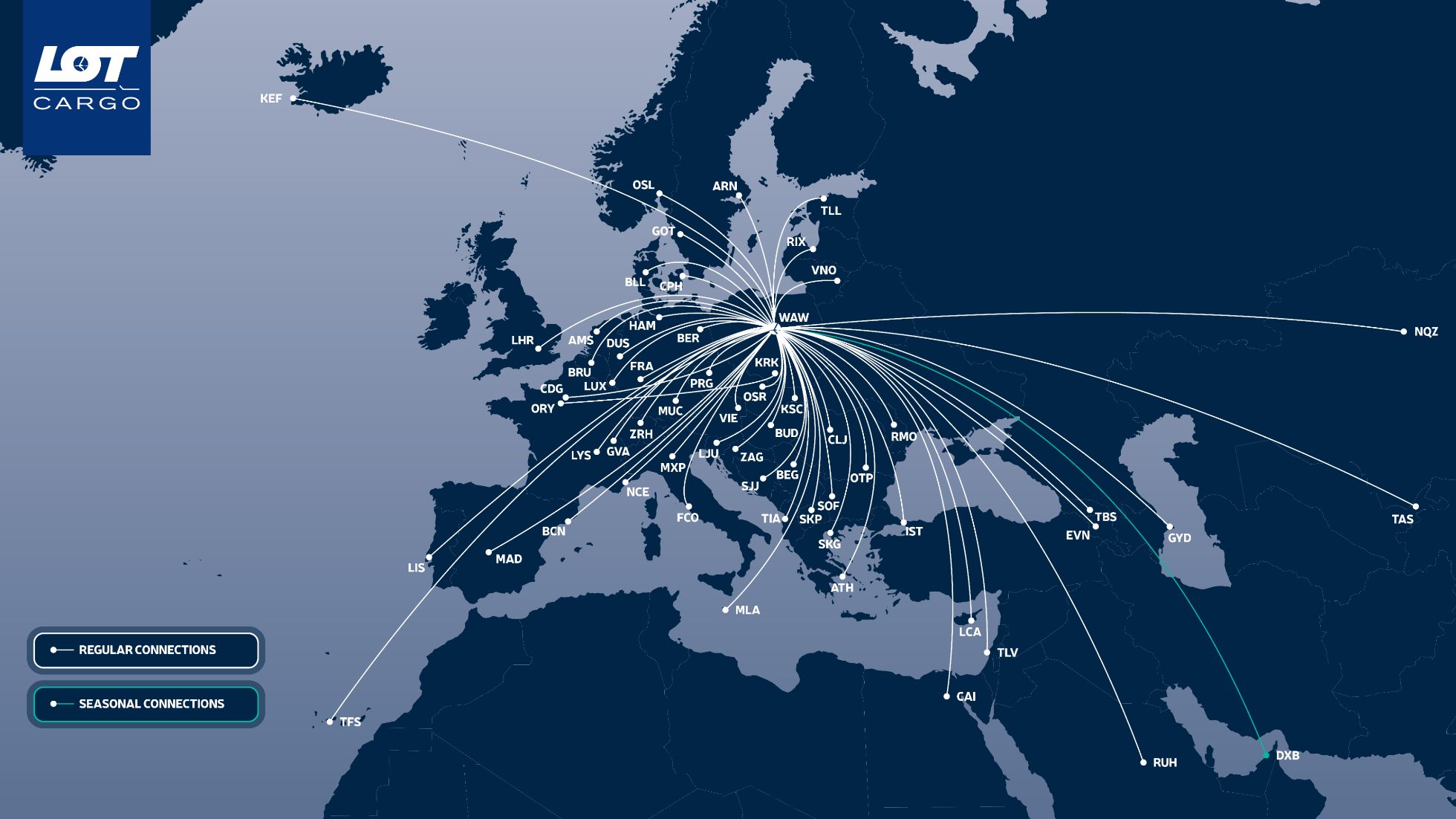 Grafika przedstawiająca siatkę połączeń LOT Cargo