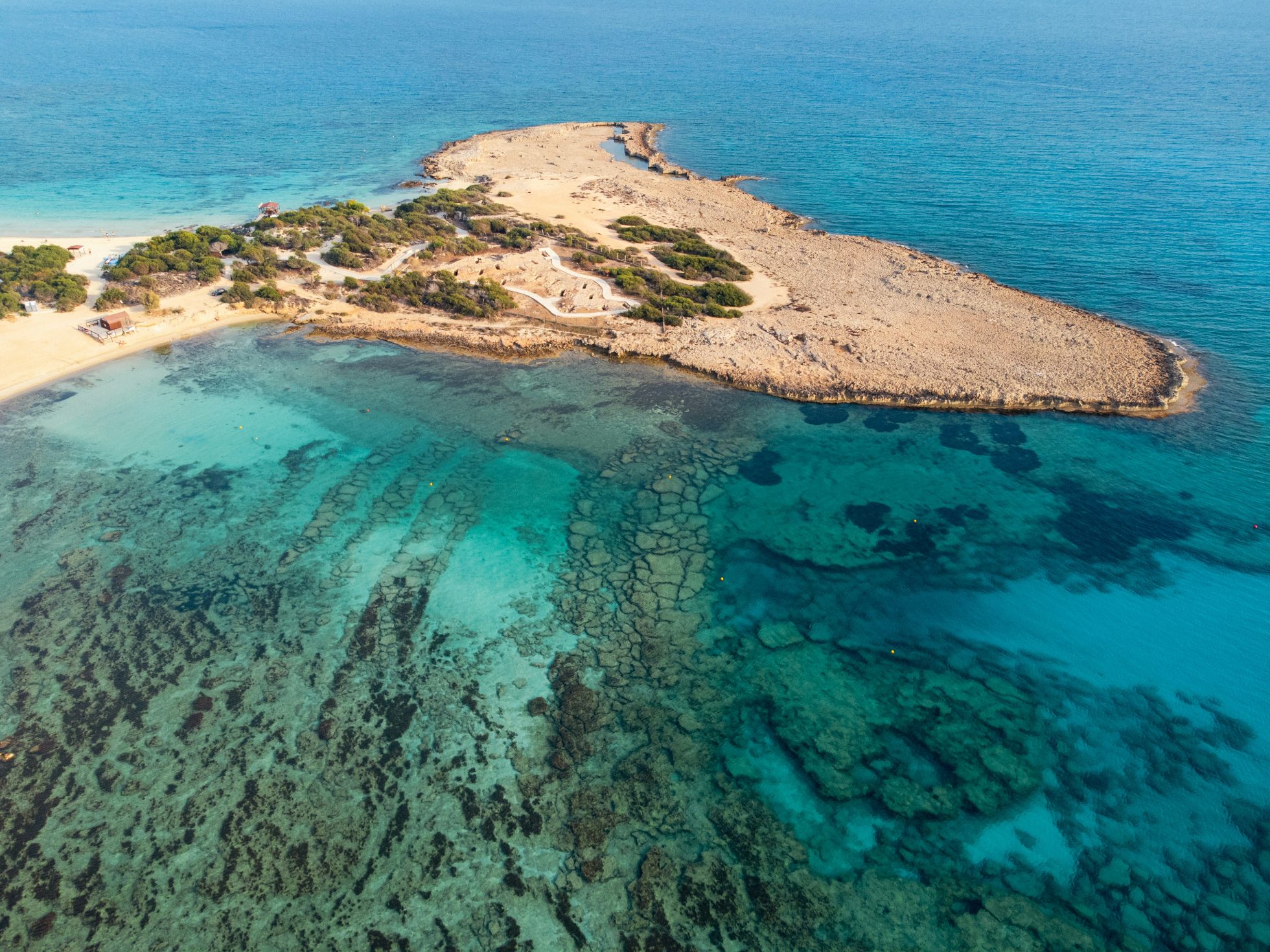 Plaża Makronissos na Cyprze - piaszczyste wybrzeże, turkusowa woda, niebieskie niebo.