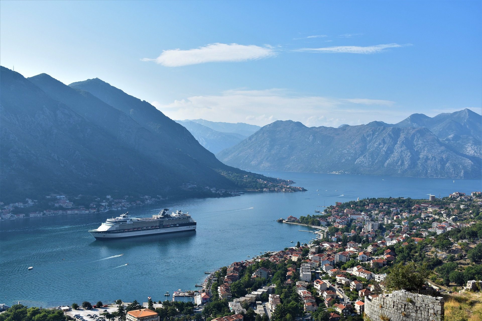 View of the historic city of Kotor in Montenegro with visible mountains and sea.