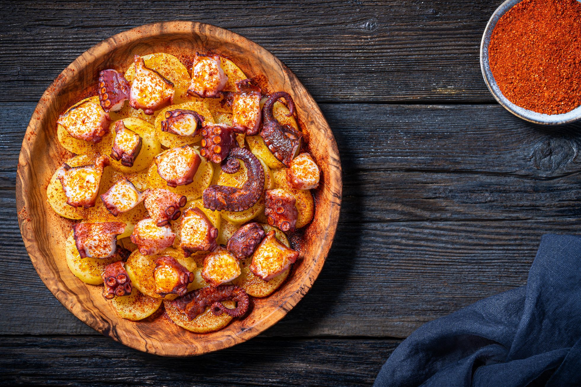 Hiszpańskie tapas – pulpo a la gallega, znane również jako „a feira” – przystawka z ośmiornicy, hiszpańskie danie z ziemniakami, papryką, solą i oliwą z oliwek, podawane na drewnianym talerzu na drewnianym stole, zgodnie z tradycją Galicji.