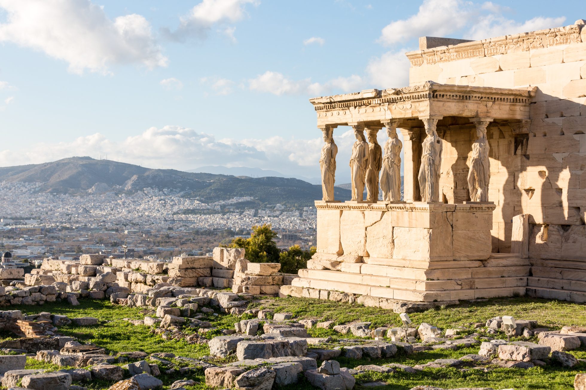 Ancient Parthenon on the Acropolis in Athens. Marble building, columns, historical ruins.