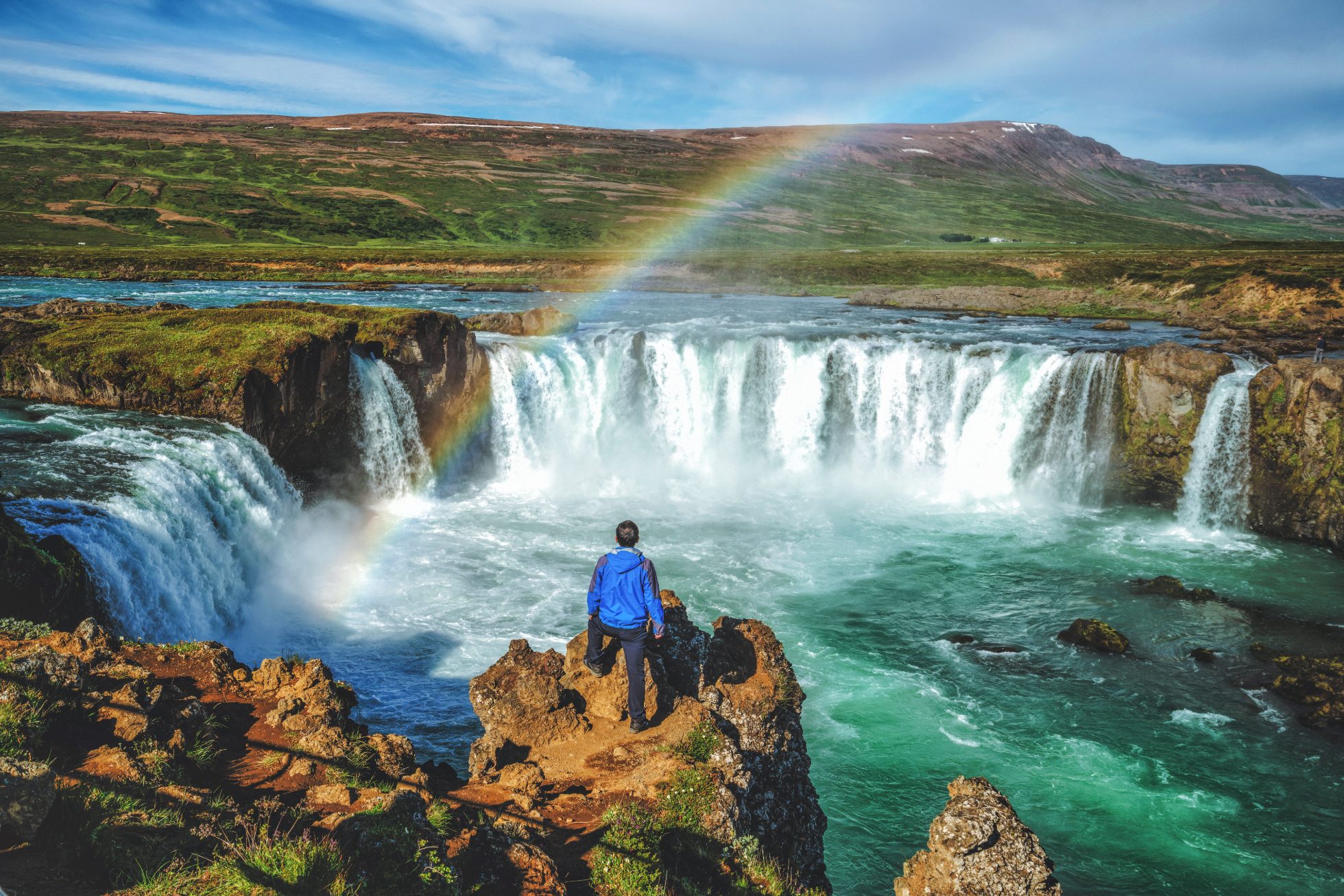 Godafoss waterfall in Iceland in sunlight.