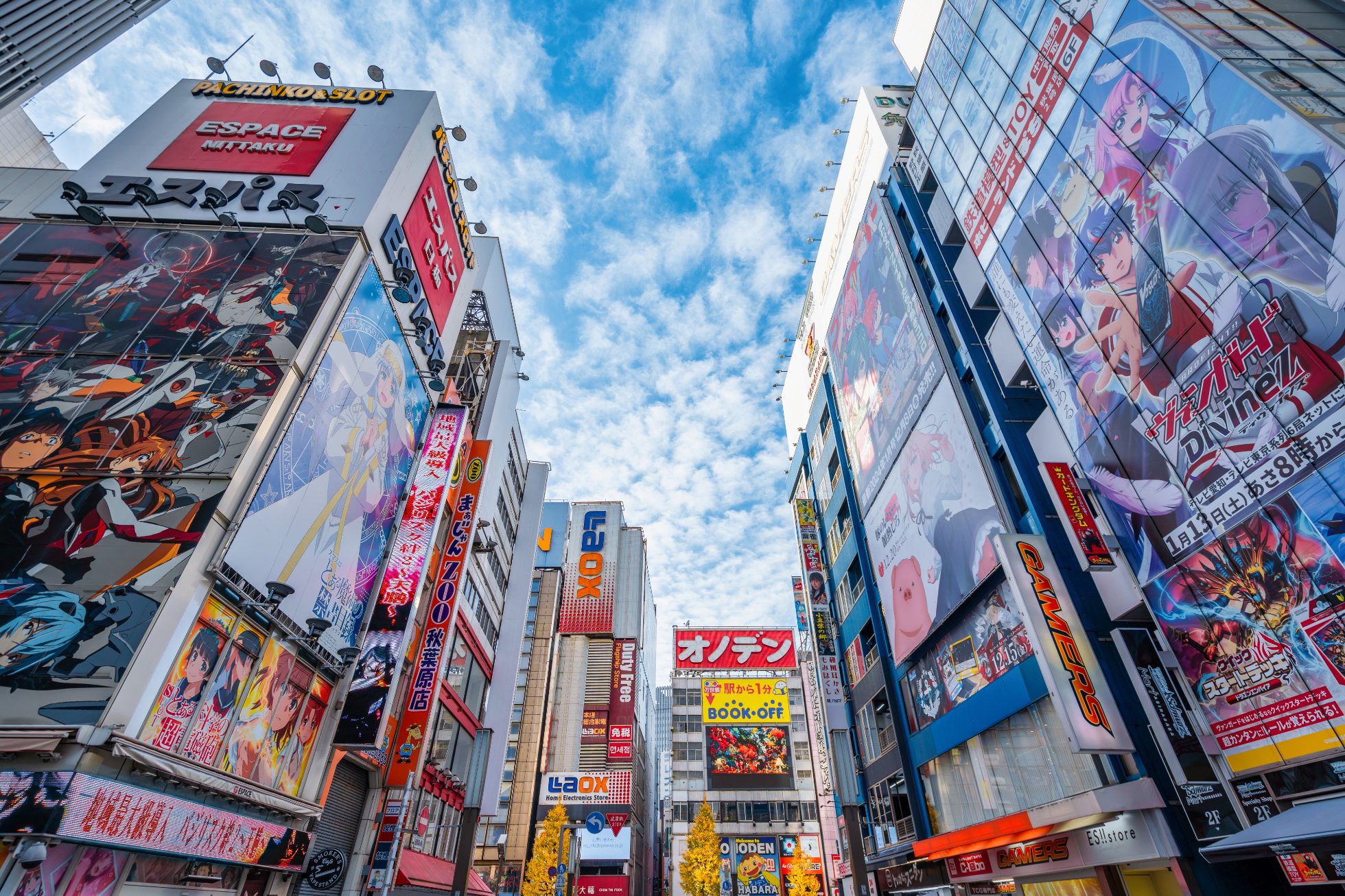 Kolorowe szyldy i billboardy w Akihabara w Tokio w Japonii. Akihabara to dzielnica handlowa w centrum Tokio, znana z licznych sklepów z anime, mangą, grami wideo i sprzętem komputerowym.