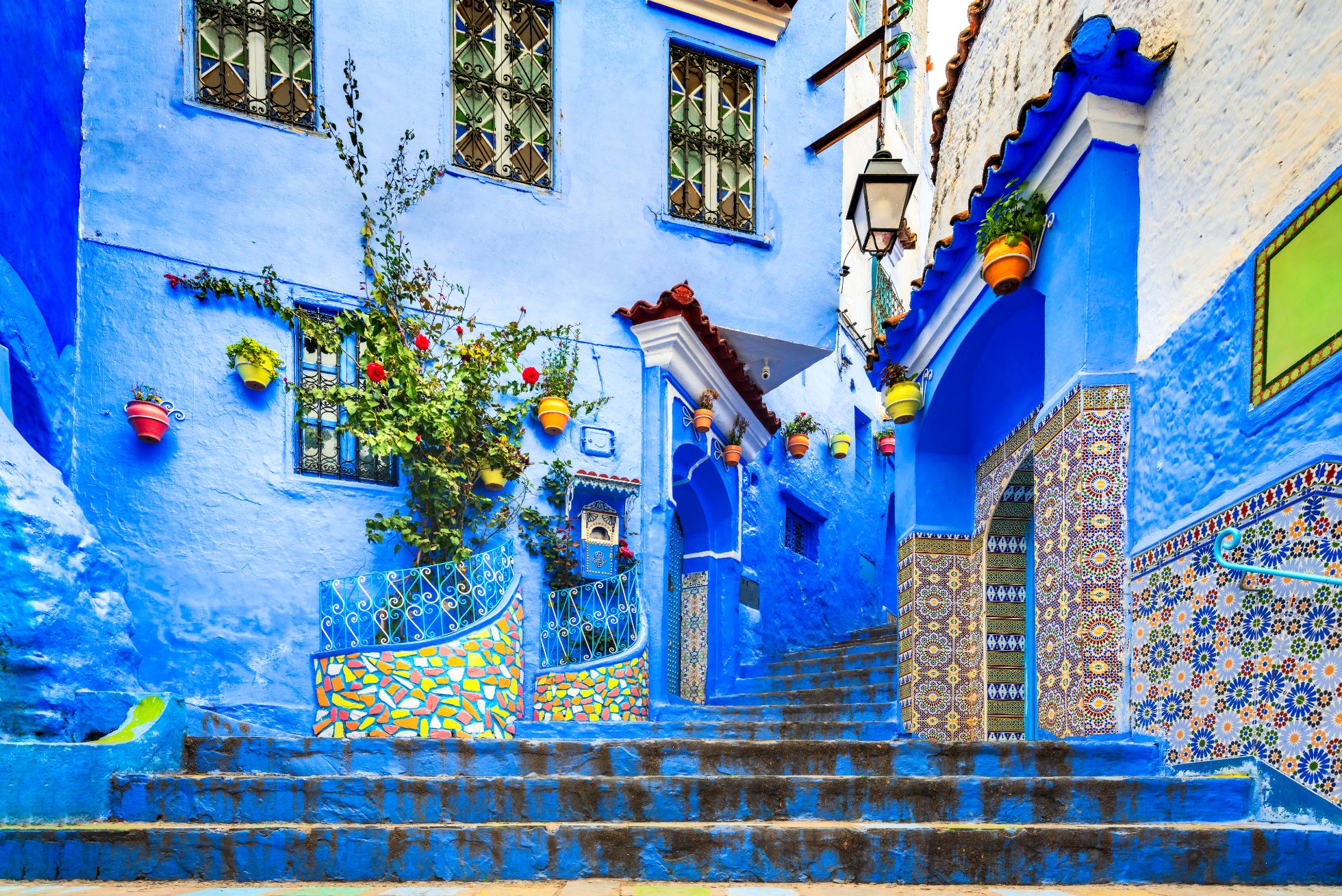 Niebieskie schody i ściana ozdobiona kolorowymi doniczkami, medyna Chefchaouen.