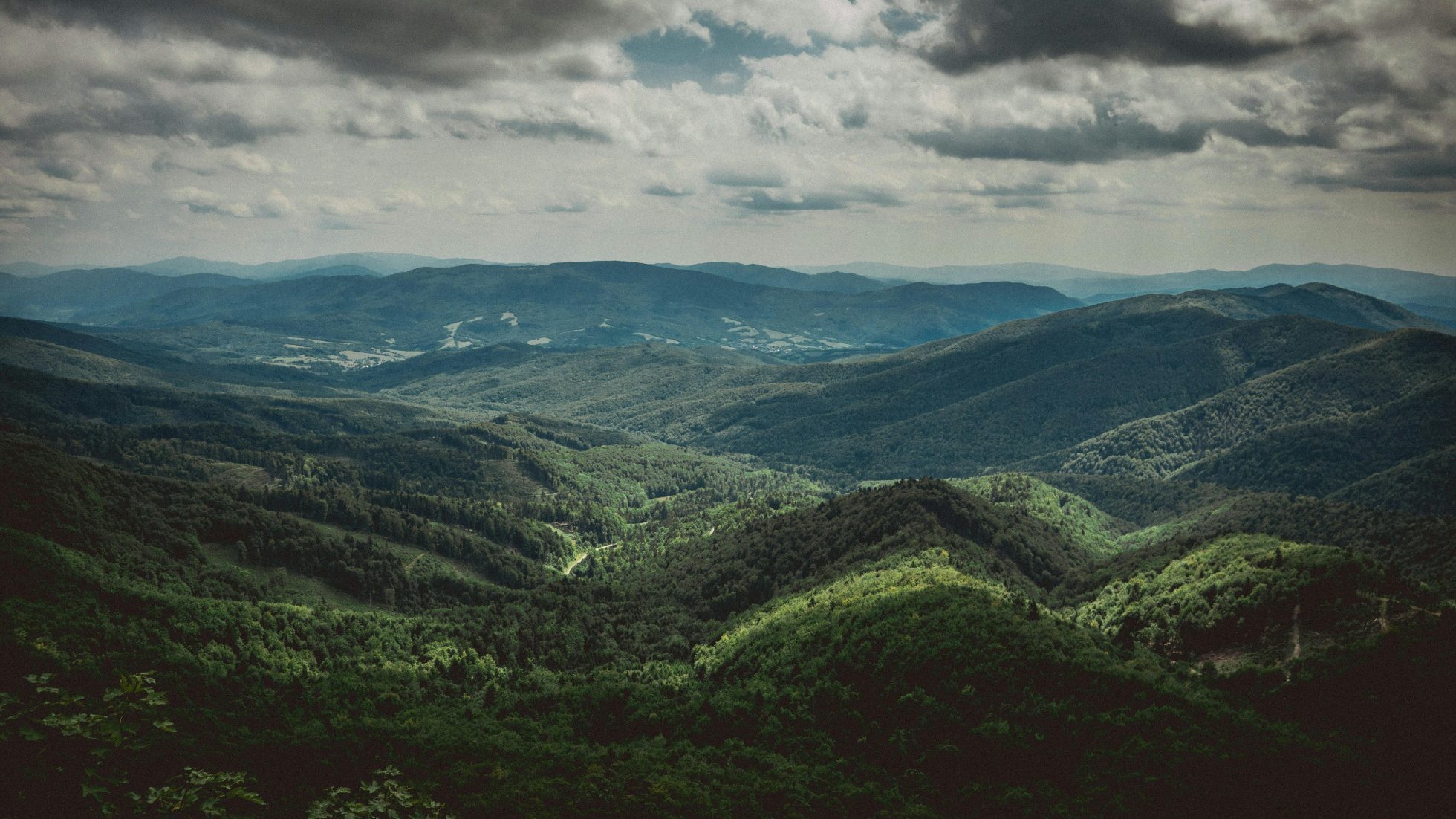Zdjęcie przedstawia malownicze Bieszczady z zielonymi lasami i górami w tle.