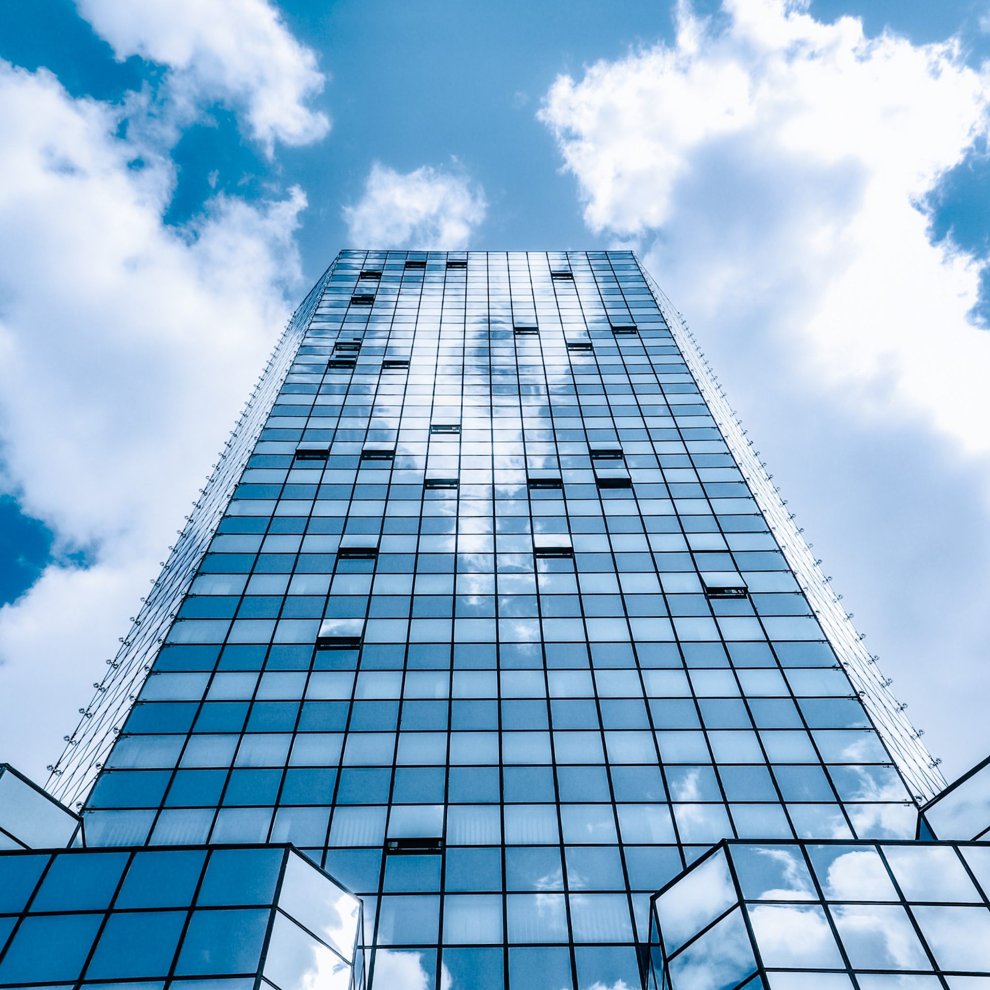 View of a blue skyscraper in Warsaw.