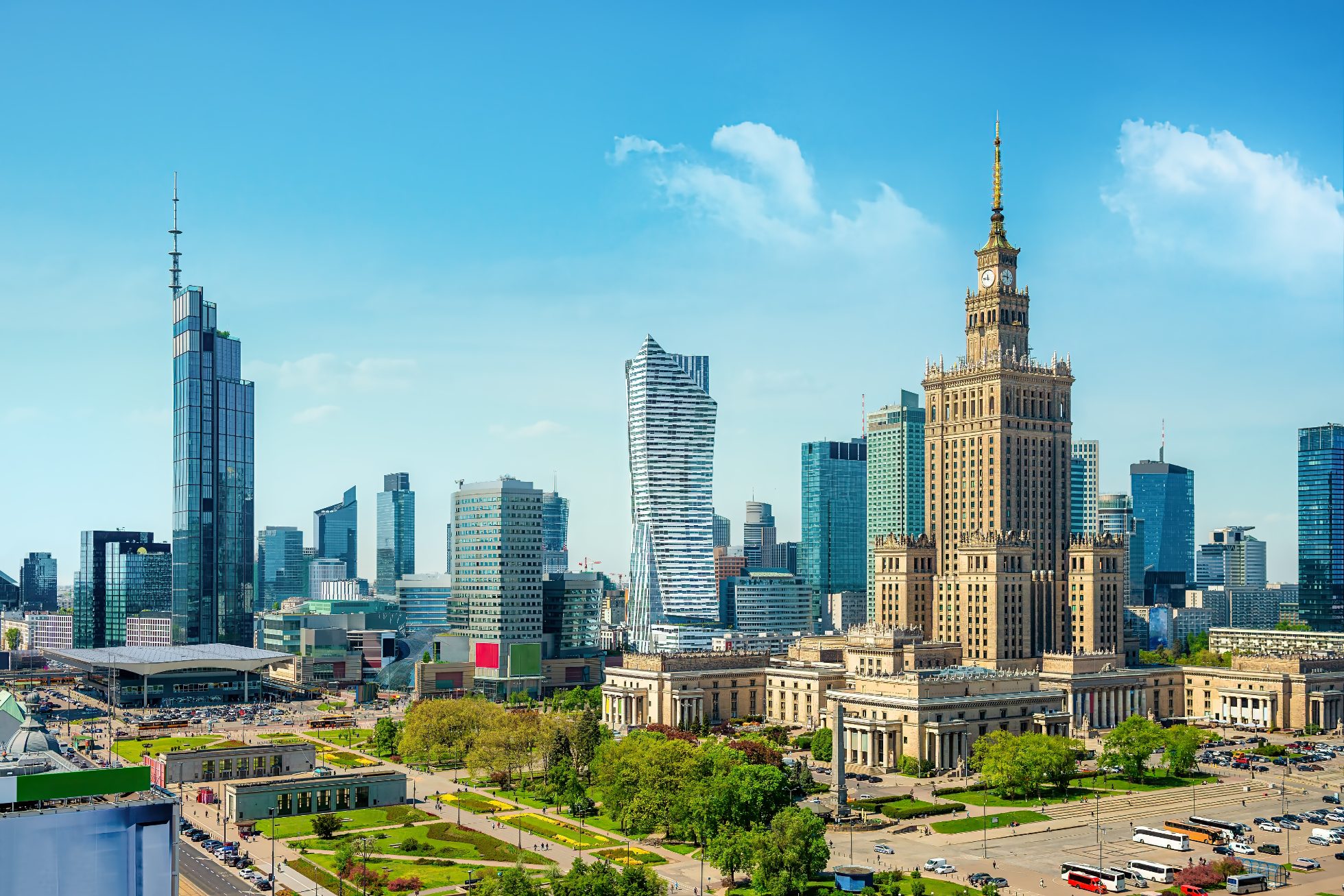A view of the Warsaw skyline with skyscrapers