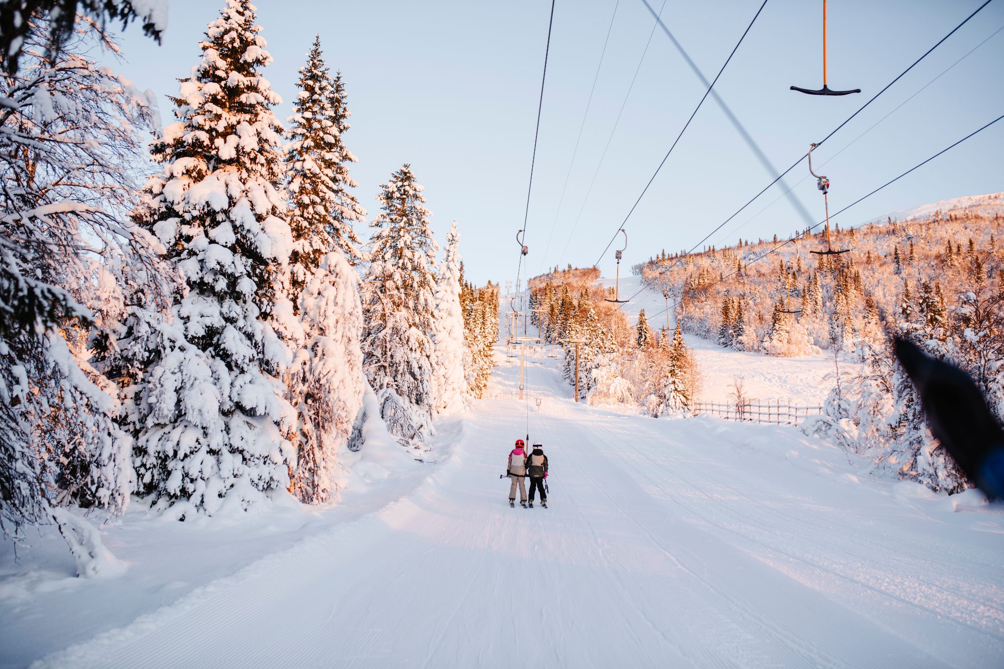 View of skiers on a ski lift in Are, Sweden