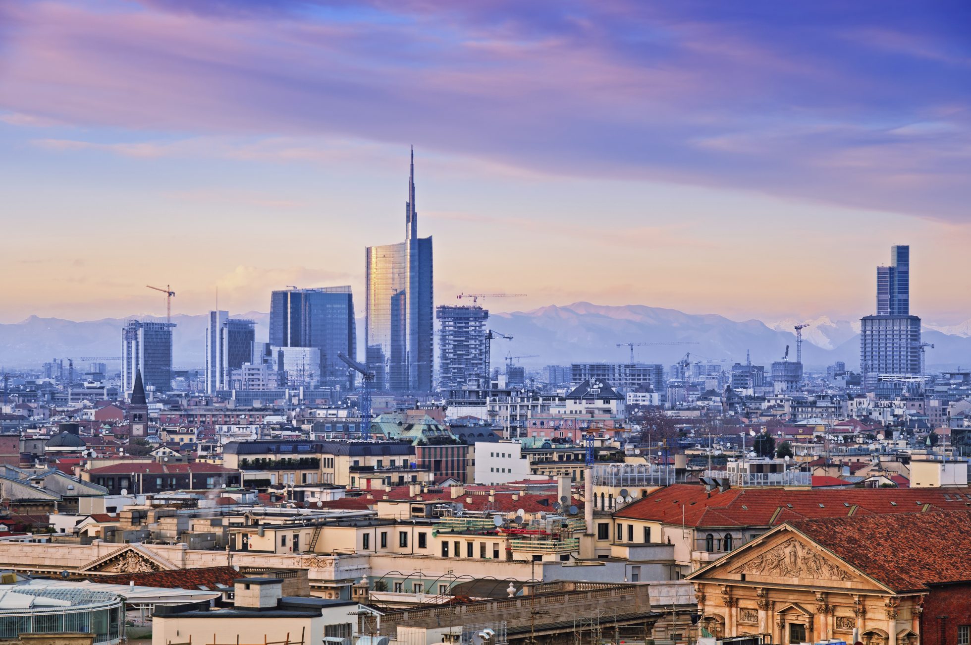 Milan skyline from Duomo di Milano, Italy.