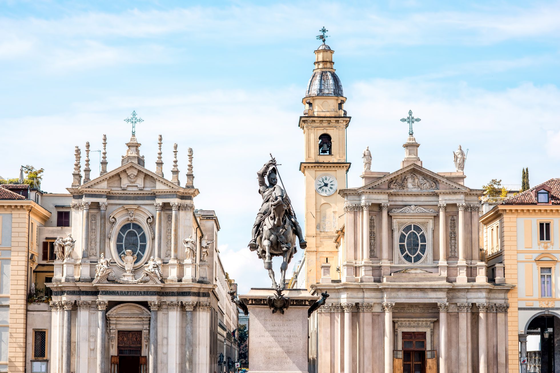 Two similar churches on San Carlo square in the old city center of Turin city in Italy