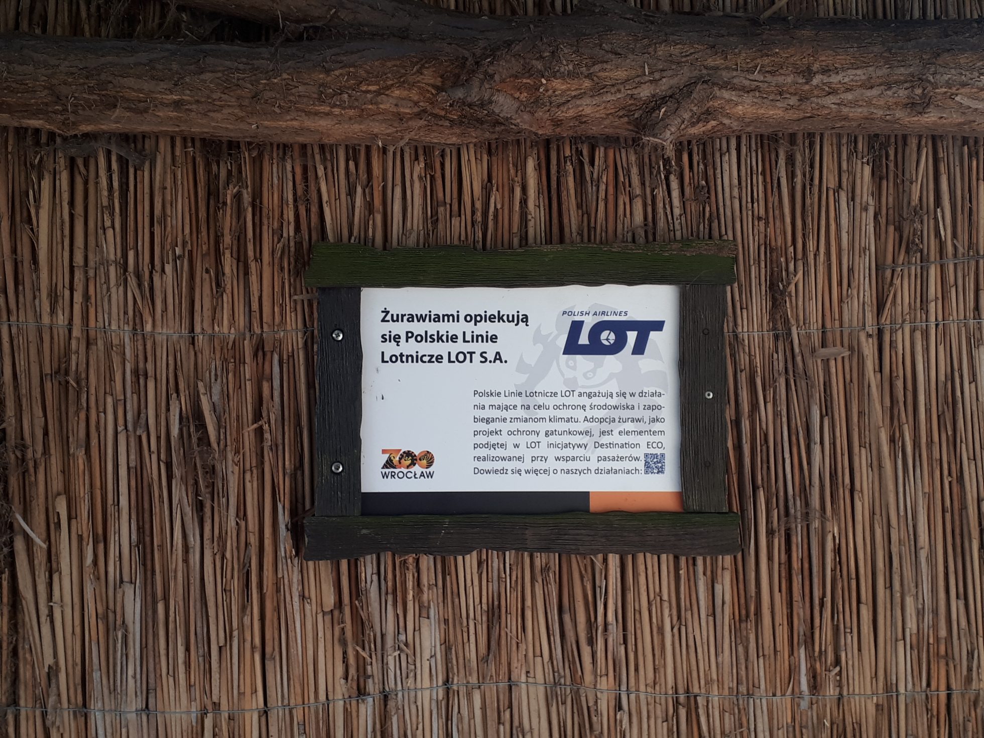 ein Schild mit der Aufschrift „Die Kräne werden von LOT Polish Airlines unterstützt“.