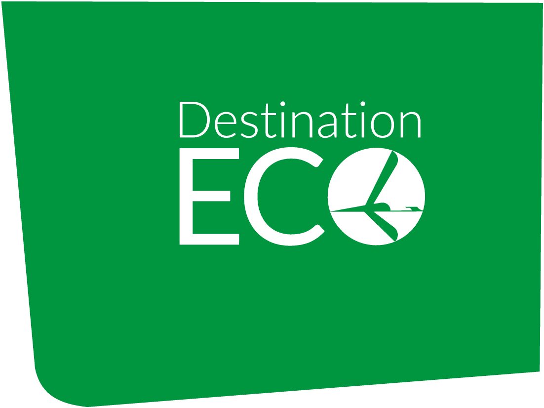 zielone logo destination eco na białym tle, ekoturystyka