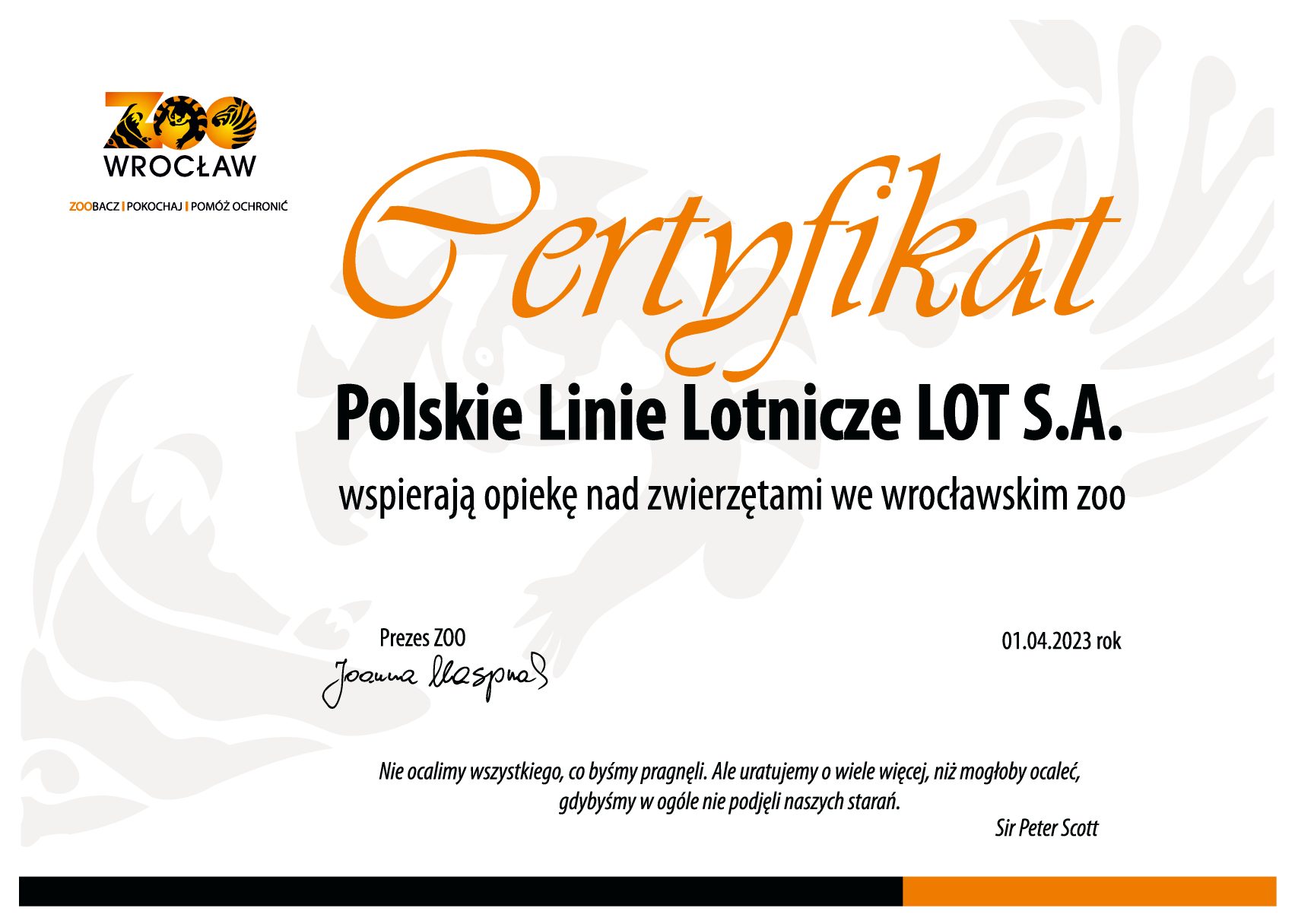 Certificat de parrainage d'un animal au zoo de Wrocław