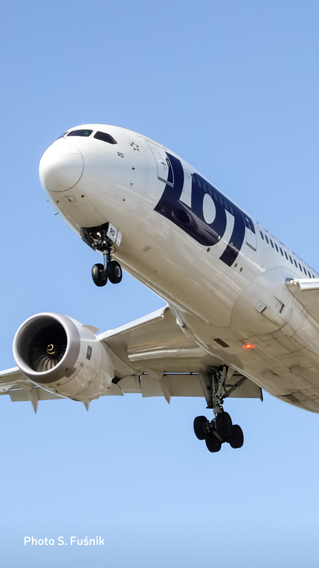 Boeing 787 landing on a cloudless day