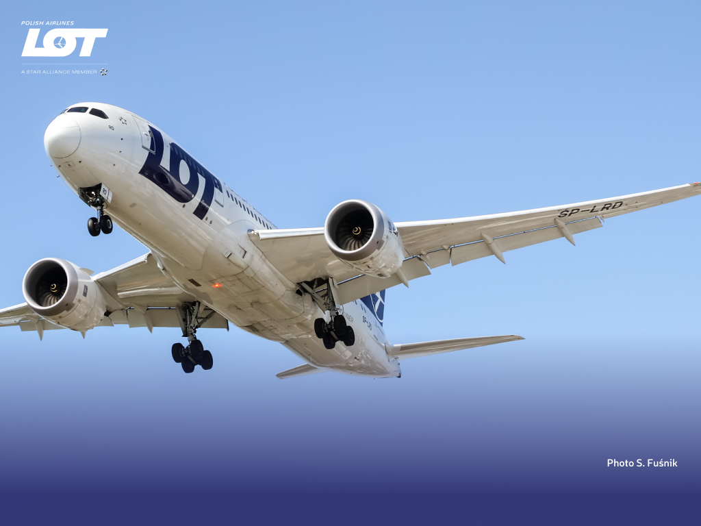 Passenger plane of LOT Polish Airlines against a clear sky.