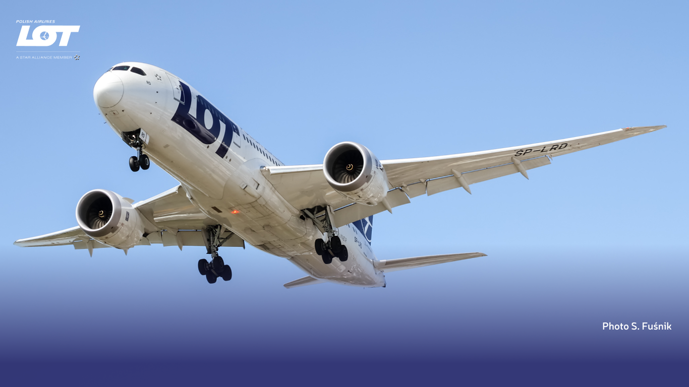 Passenger plane of LOT Polish Airlines against a clear sky.