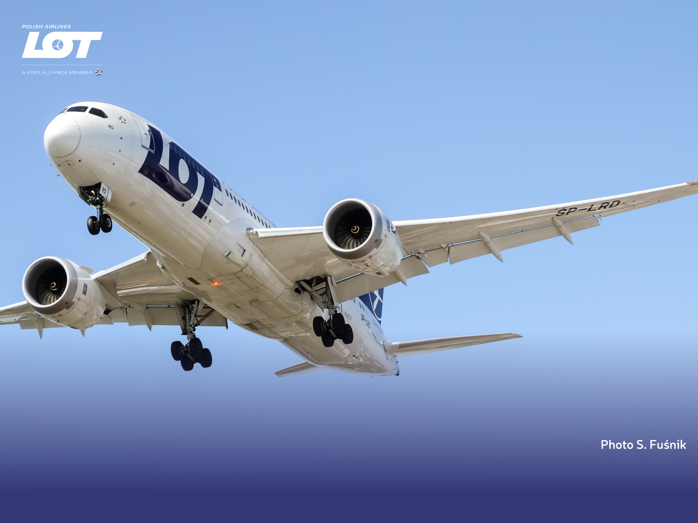 Passenger plane of LOT Polish Airlines against a clear sky.