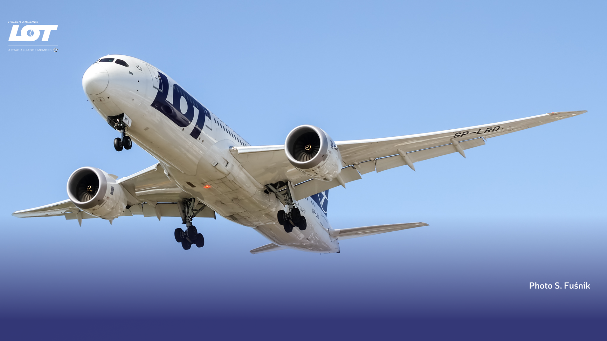 Passenger plane of LOT Polish Airlines against a clear sky.