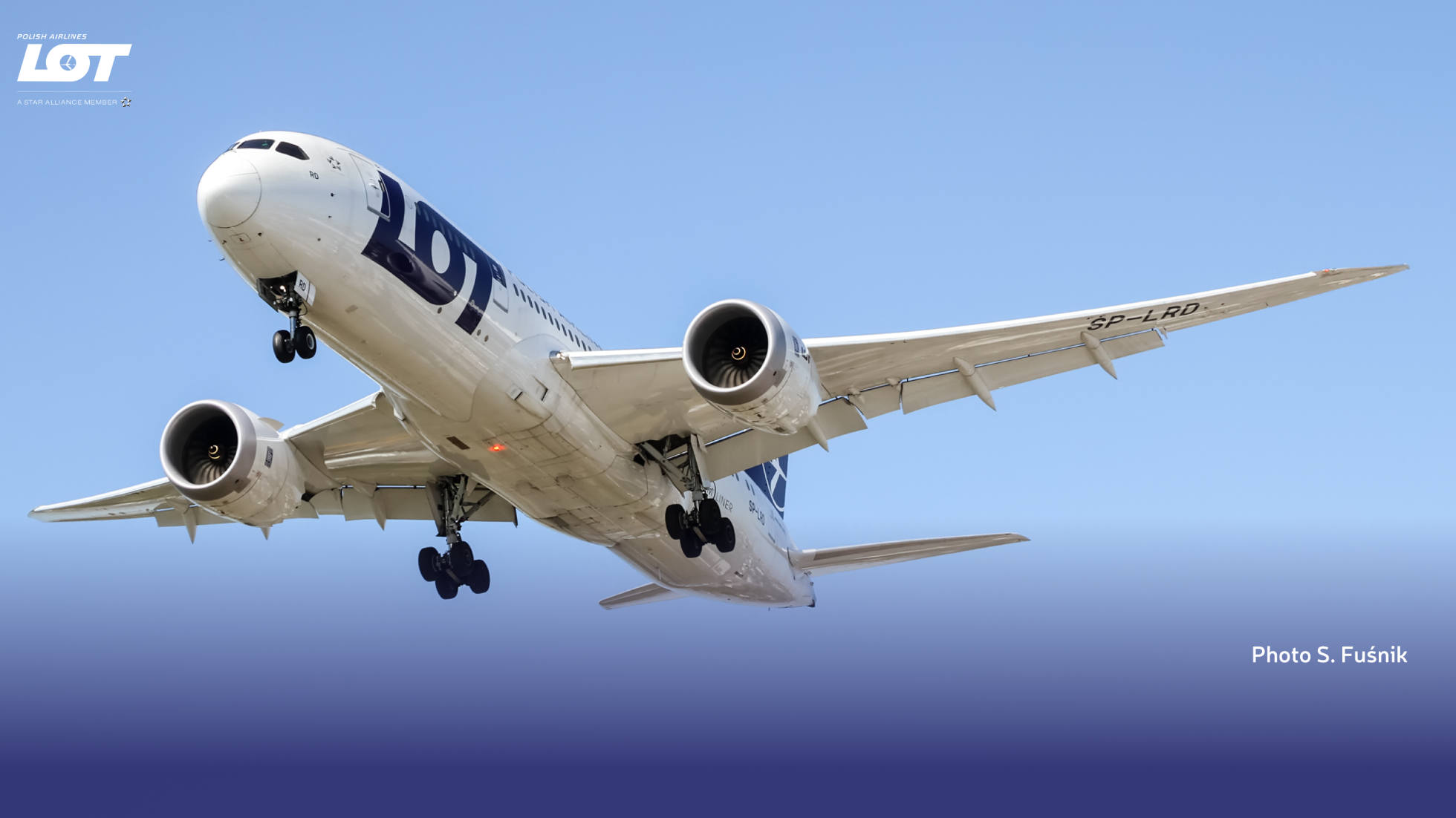Passenger plane of LOT Polish Airlines against a clear sky.