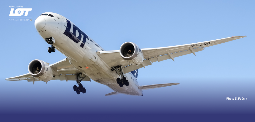 Passenger plane of LOT Polish Airlines against a clear sky.