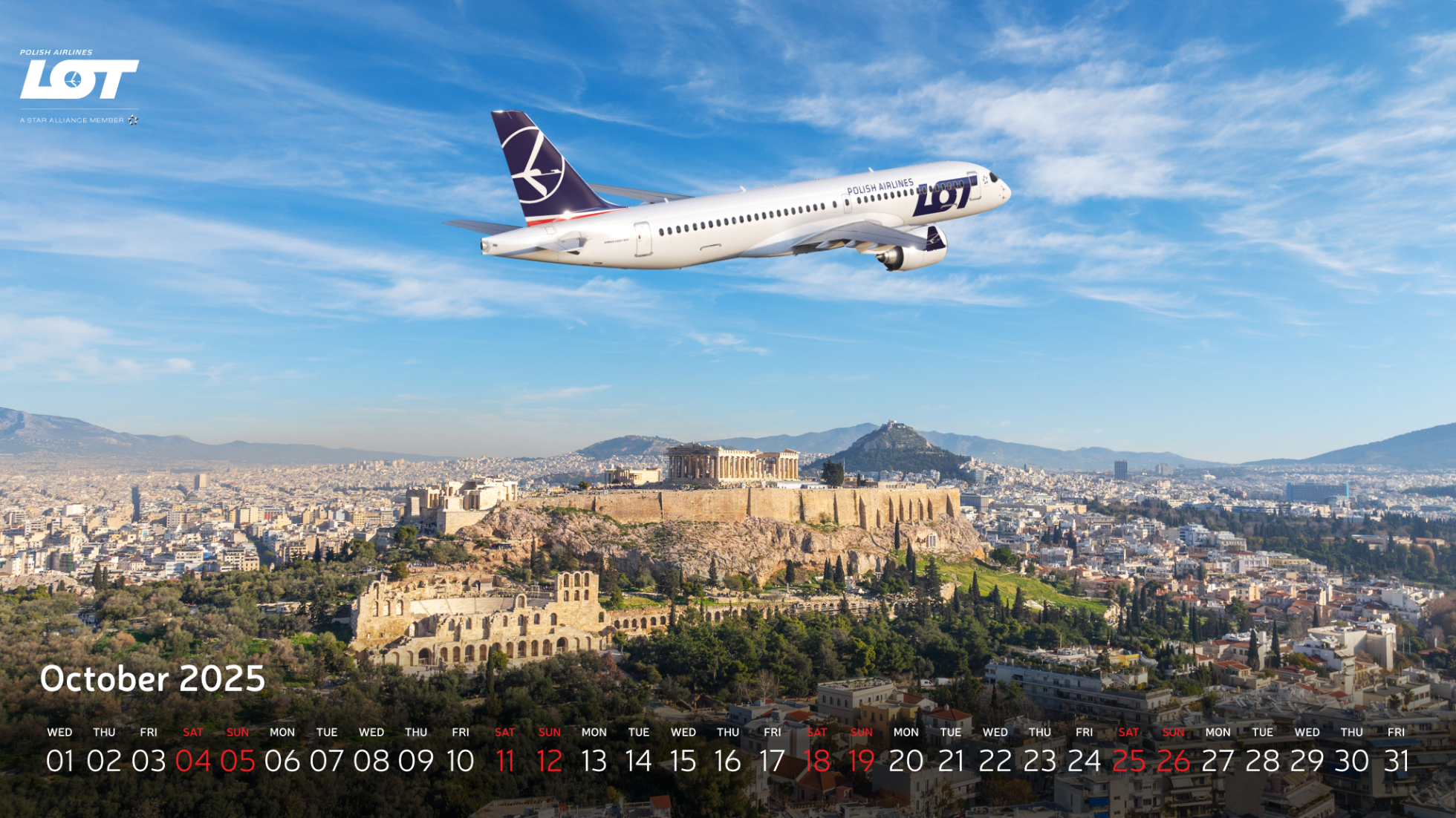 Graphic depicting a LOT Polish Airlines Airbus A220 flying over the Acropolis in Athens