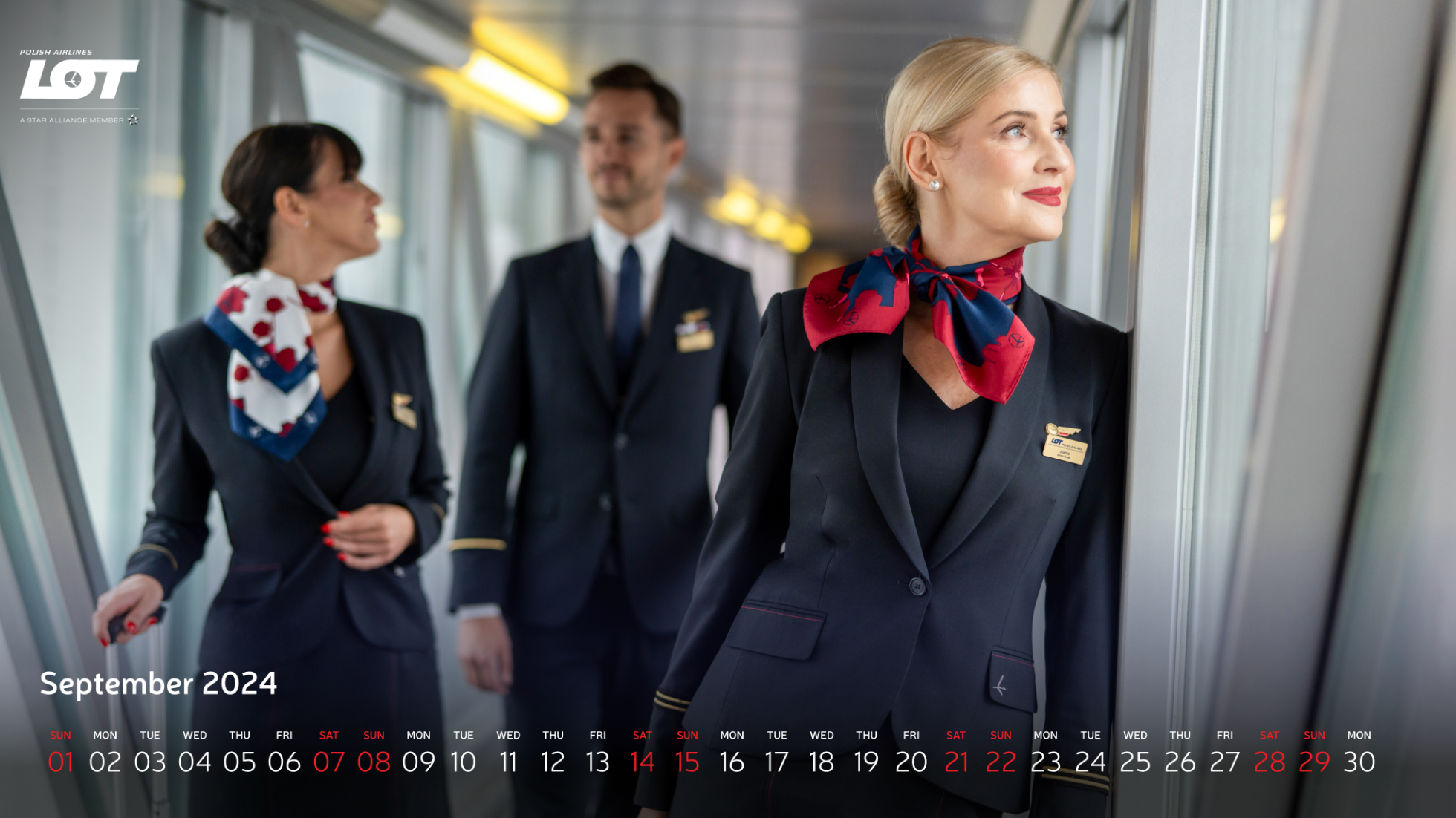 The flight crew walking through the tunnel to the airport wearing hollyhock scarves