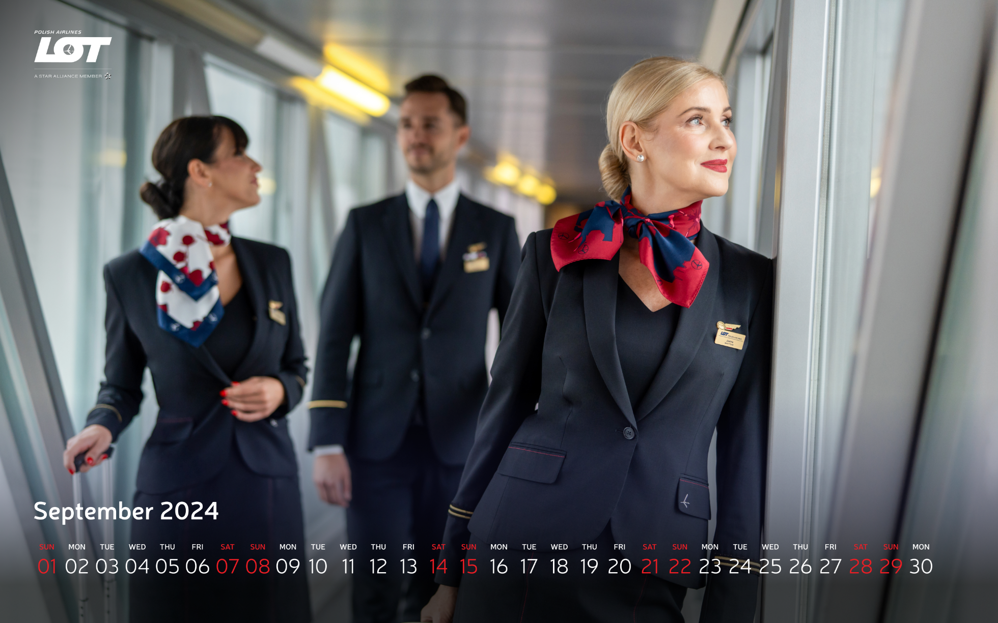 The flight crew walking through the tunnel to the airport wearing hollyhock scarves