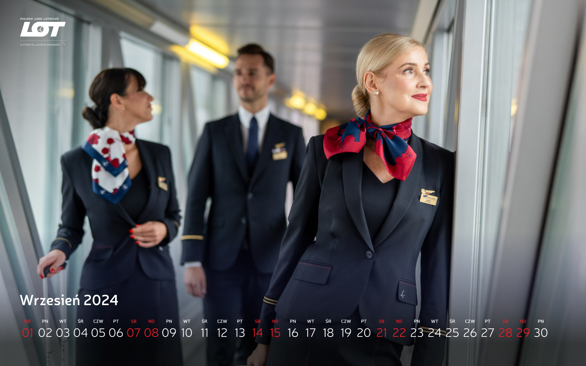 The flight crew walking through the tunnel to the airport wearing hollyhock scarves