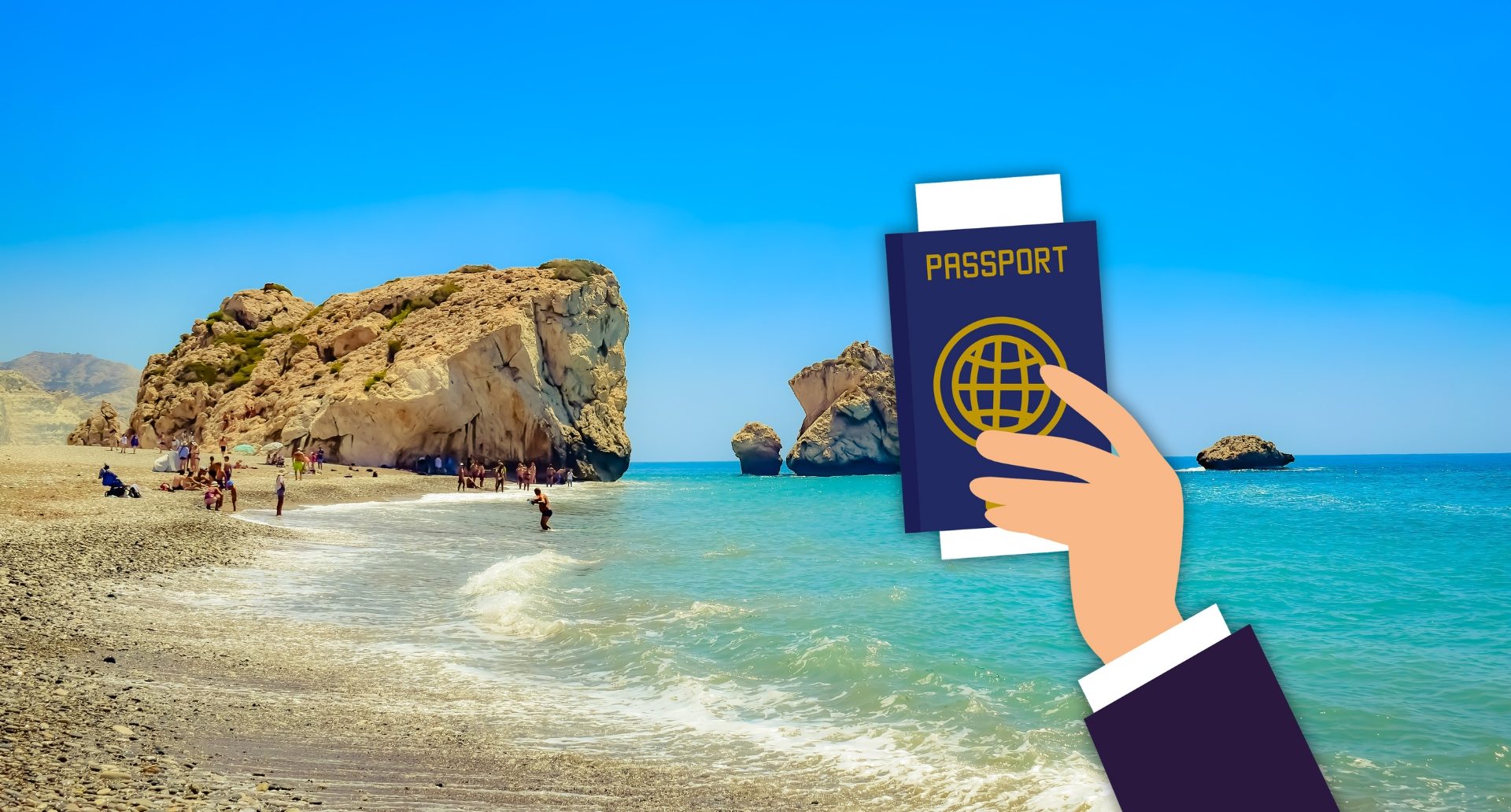 Grafika paszportu, w tle piękna plaża Cypru