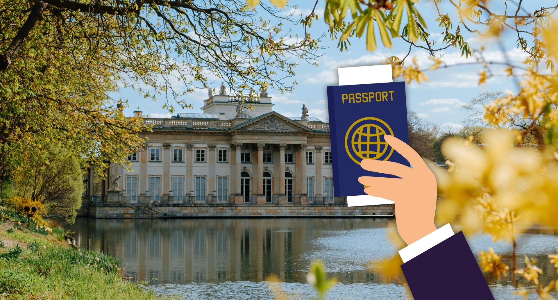 Mano con documentos de viaje sobre un fondo de monumentos polacos