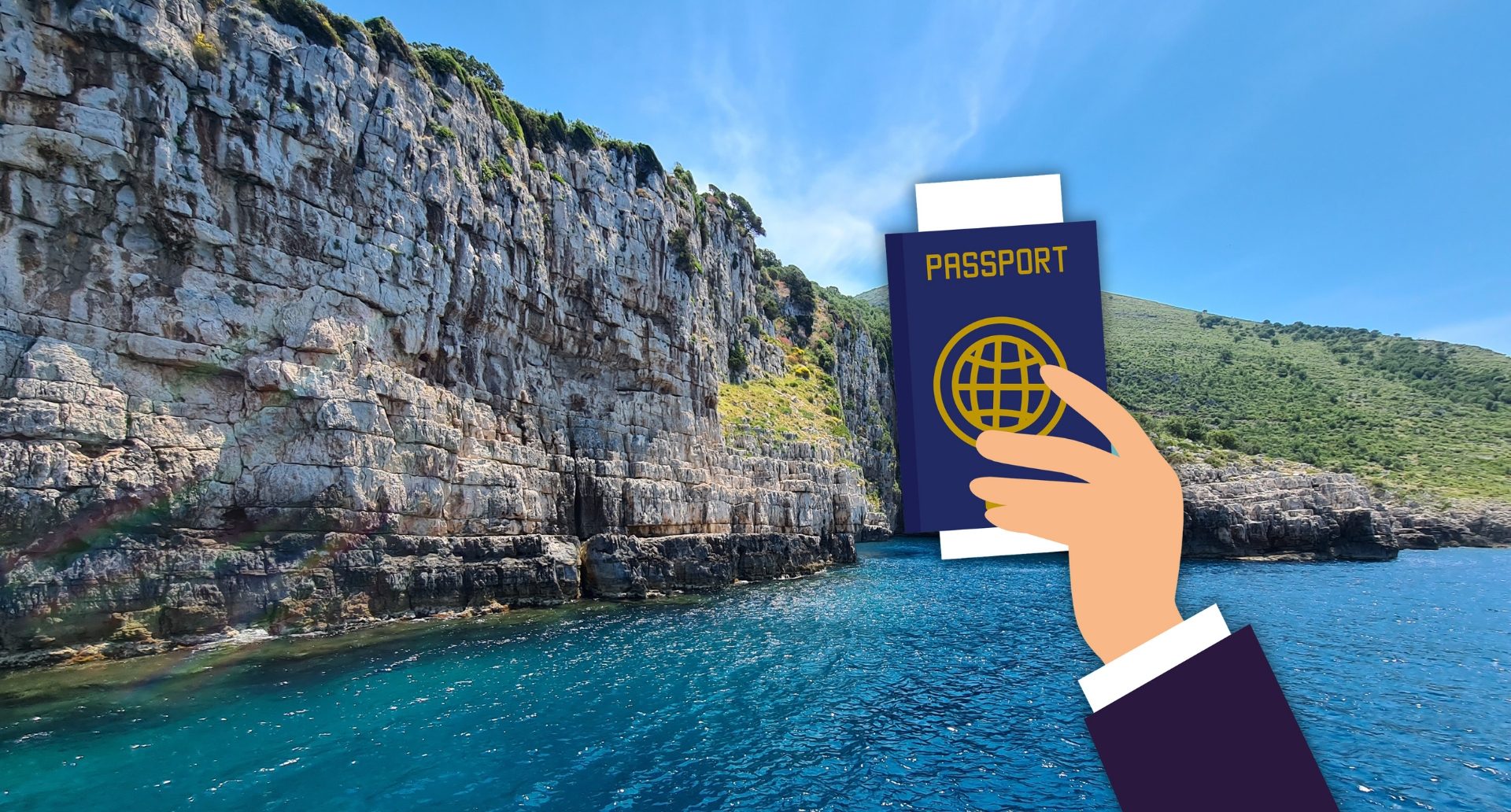 Paszport do Albanii w tle skaliste wybrzeże