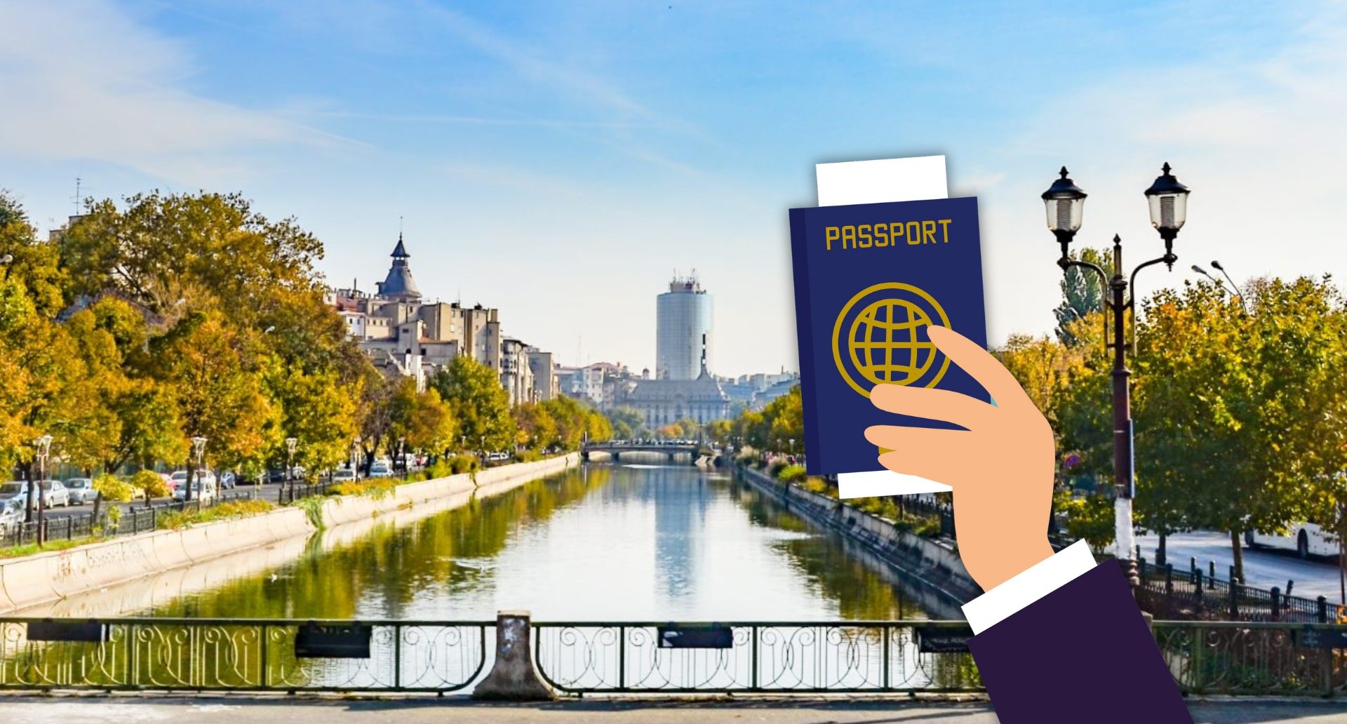 Paszport do Rumunii na tle rumuńskiej panoramy