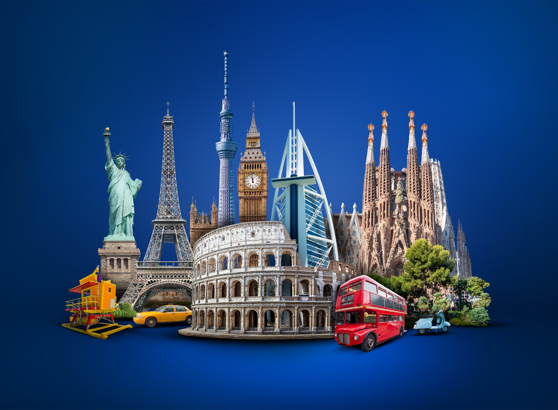 Monuments from the most important cities in the world, including the Statue of Liberty, the Eiffel Tower, Big Ben, and the Colosseum.