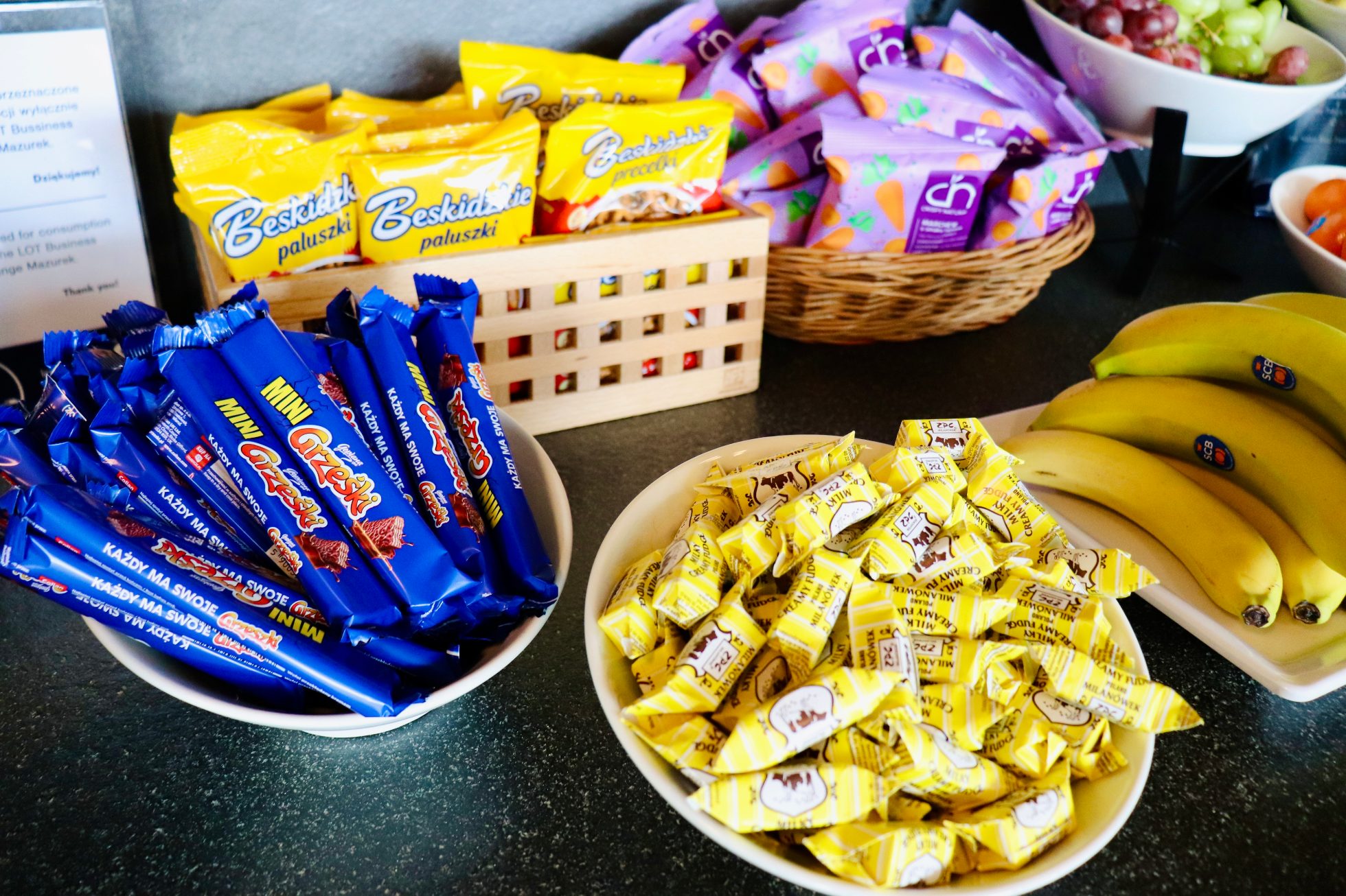 snacks for guests of LOT Business Lounge Mazurek - fudge, Grzeski bars and salty sticks 