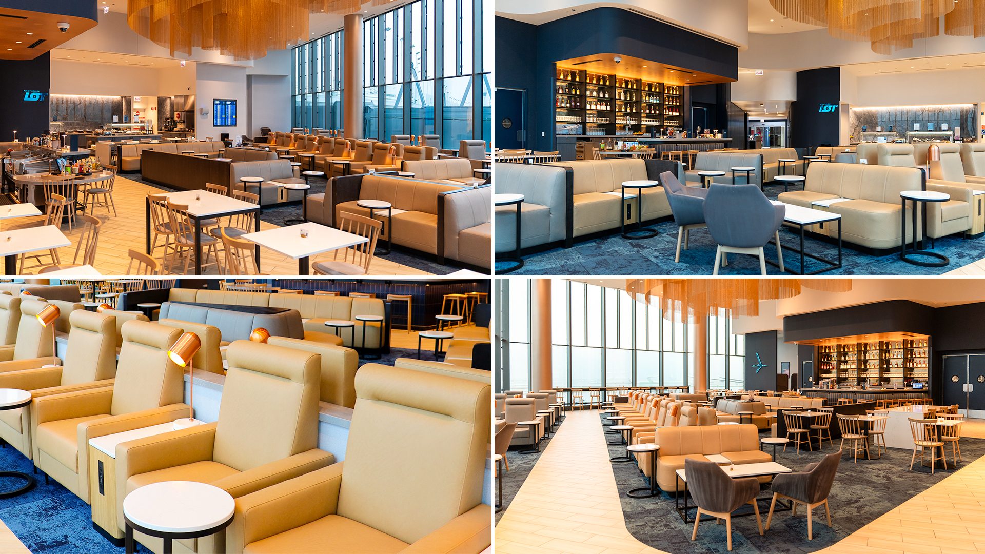 Kolaż czterech zdjęć przedstawiający przestrzeń salonu Business Lounge LOT w Chicago. Widoczny bar oraz 160 miejsc siedzących (kremowe kanapy oraz drewniane krzesła, białe blaty stoliczków). Widać wielki bar, przy którym można usiąść. W tle open bar z posiłkami na ciepło, przekąskami. Widoczna wielka szyba z widokiem na płytę lotniska. W całym salonie dominują kolory miedzi, bursztynu i granatu