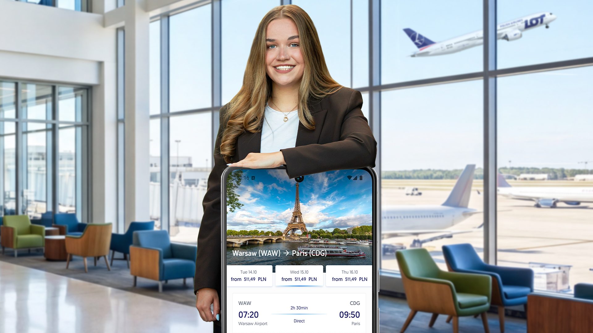 Person leaning on a large smartphone display showing flights from Warsaw to Paris at an airport terminal.