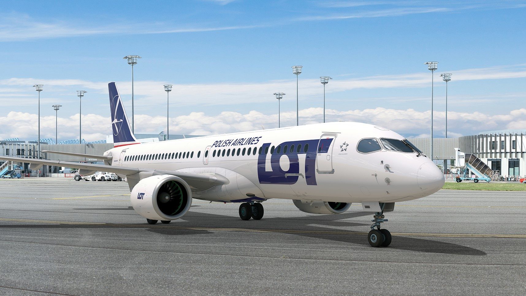 wizualizacja samolotu Airbus a220 w malowaniu PLL LOT na płycie postojowej