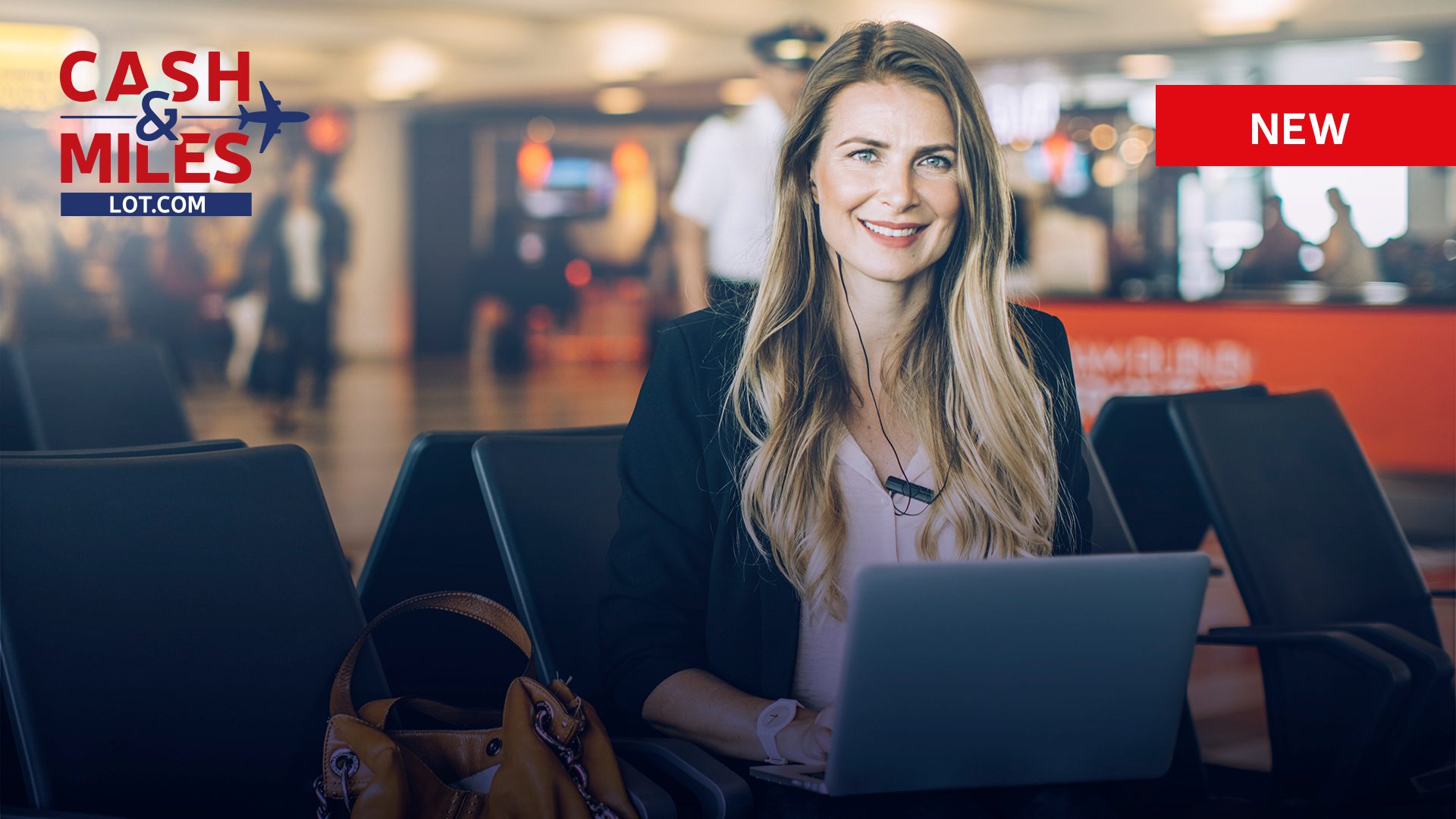 Smiling women waiting in the airport. Logo Cash and Miles lot.com