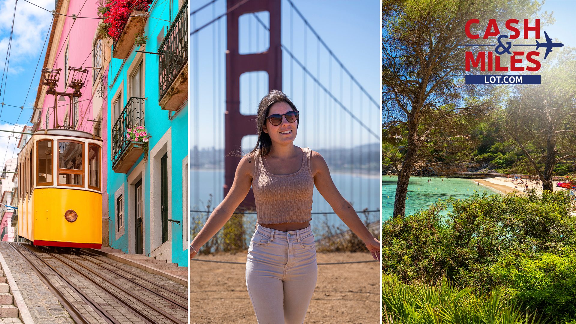 Woman with a backdrop of a view of Lisbon, San Francisco and Mallorca. Cash & Miles.