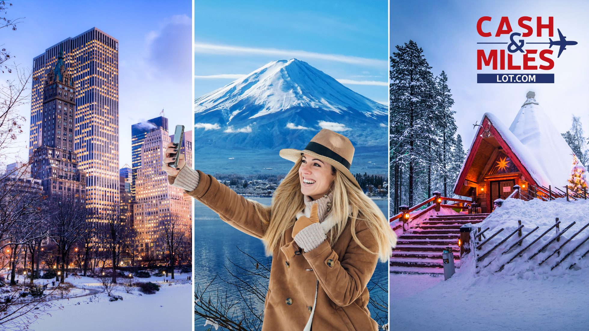 Smiling woman with a backdrop of a winter view of city and nature. Cash & Miles.