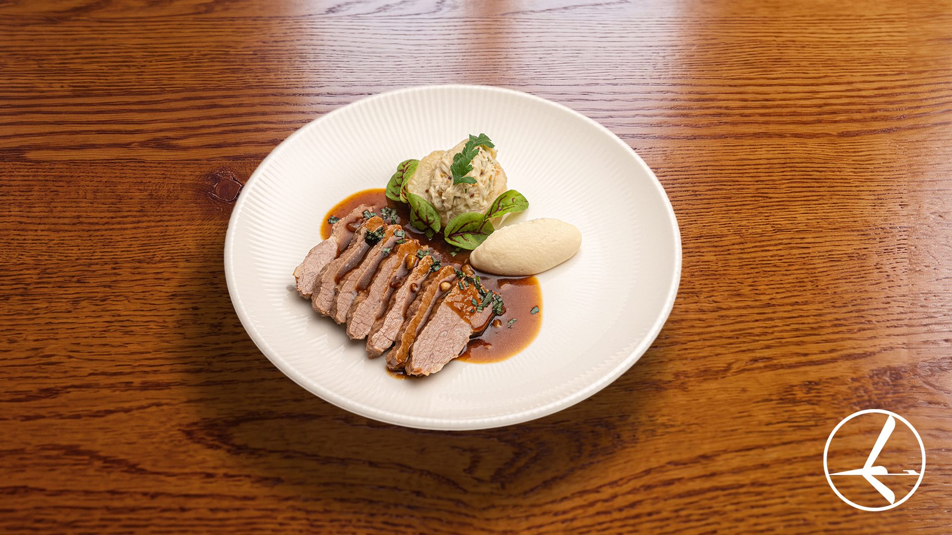 Braised beef short ribs with celery, served three ways, with Bordelaise sauce