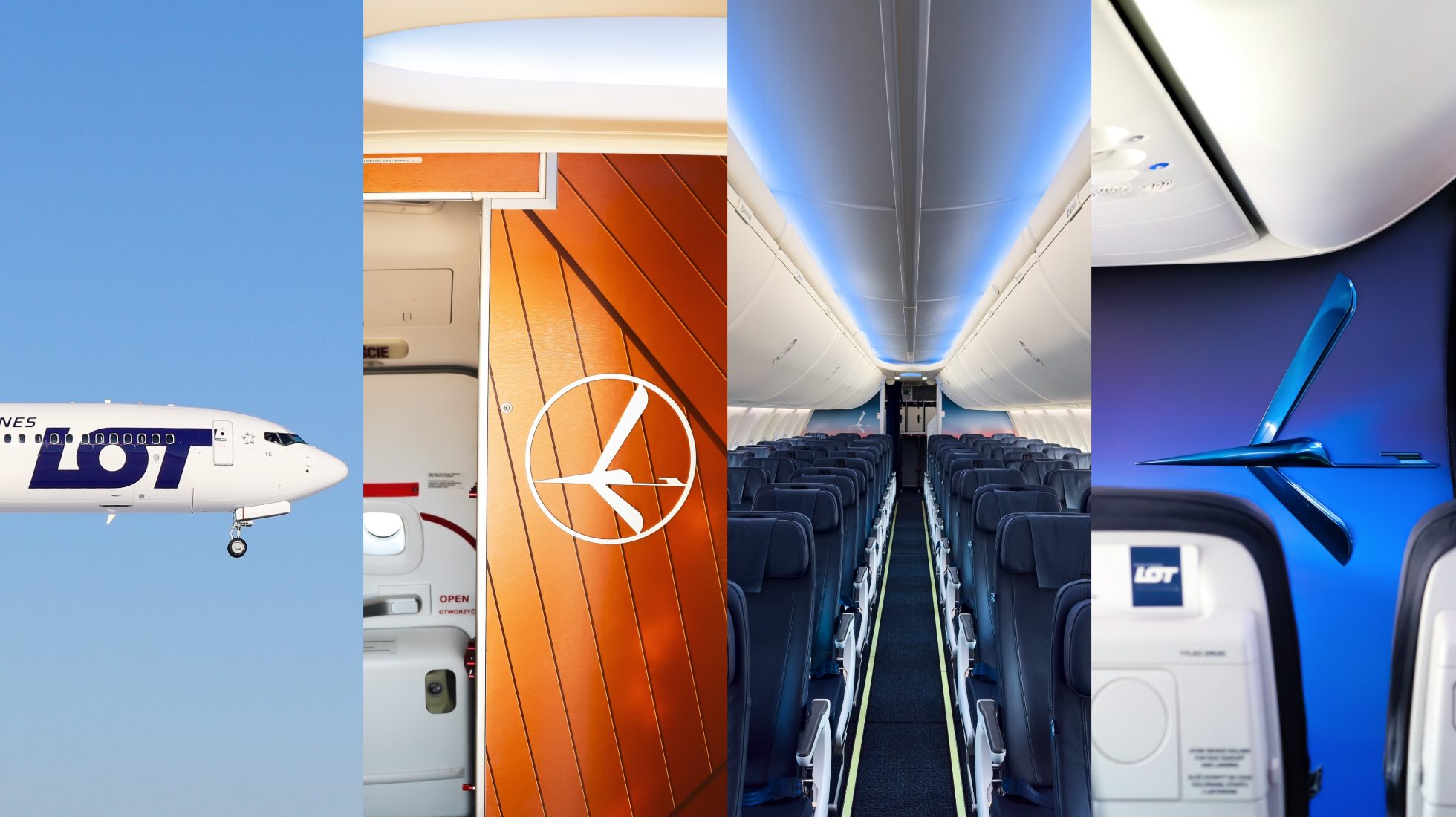 Wnętrze samolotu Boeing 737 MAX 8 z nową kabiną - ścianka z białym logiem żurawia imitująca drewnianą boazerię. metaliczne niebieskie logo 3d żurawia. Rząd foteli w układzie 3:3