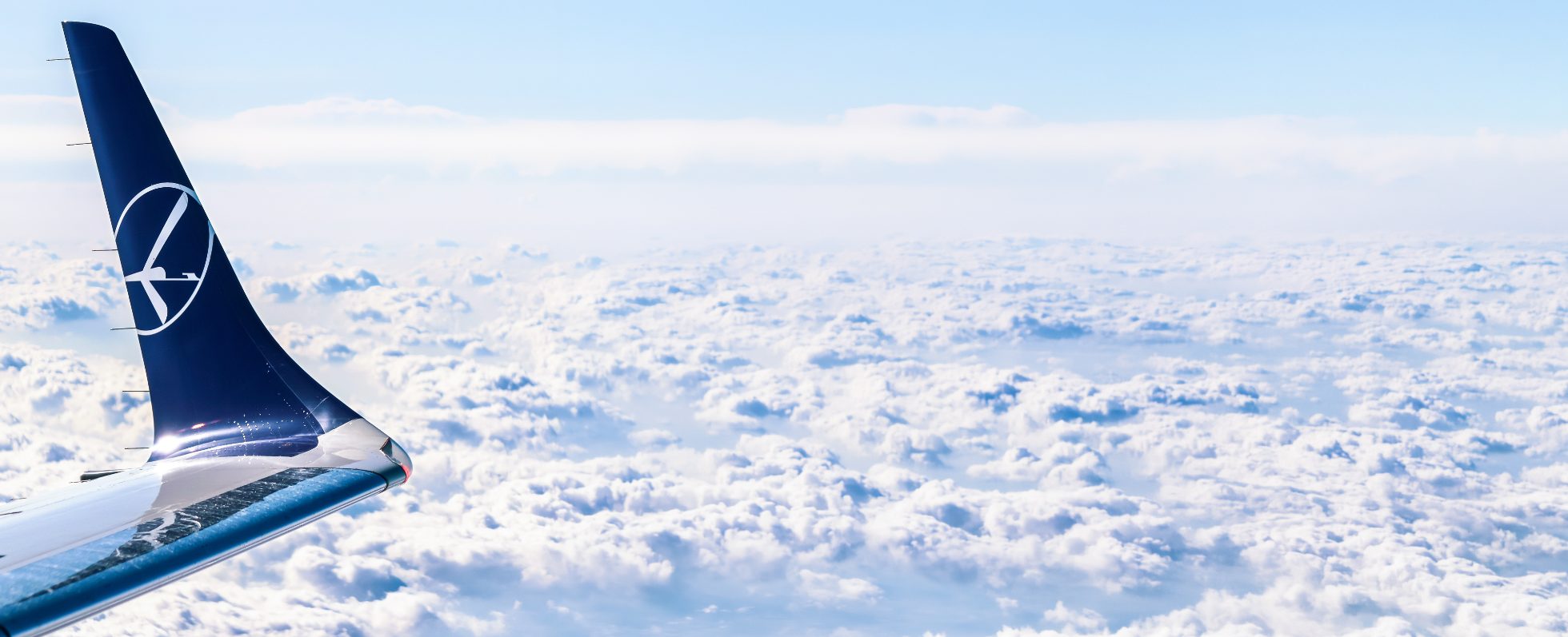 Skrzydło samolotu Embraer 190 z logiem żurawia podczas lotu ponad chmurami