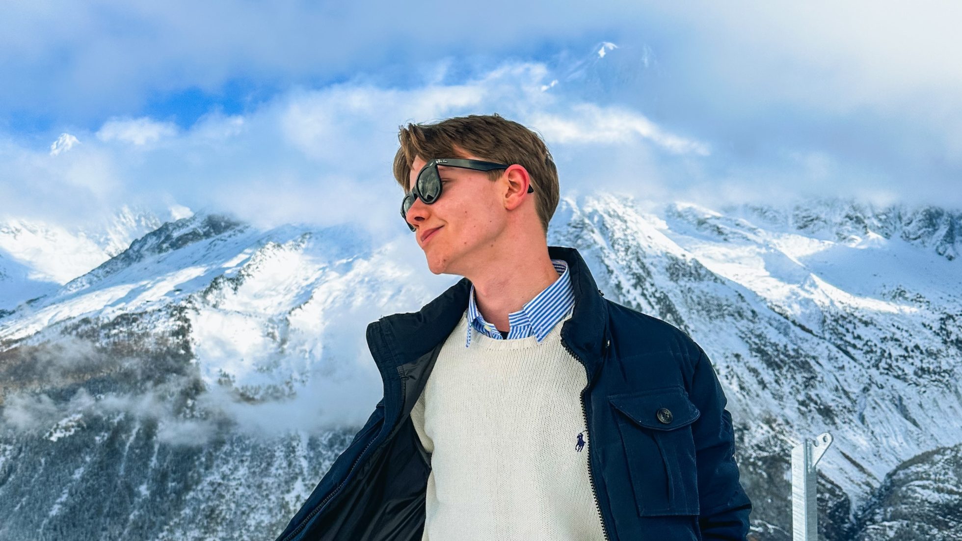 Drzewa z jesiennymi liśćmi z ośnieżonymi szczytami górskimi w tle  w Chamonix Mont Blanc