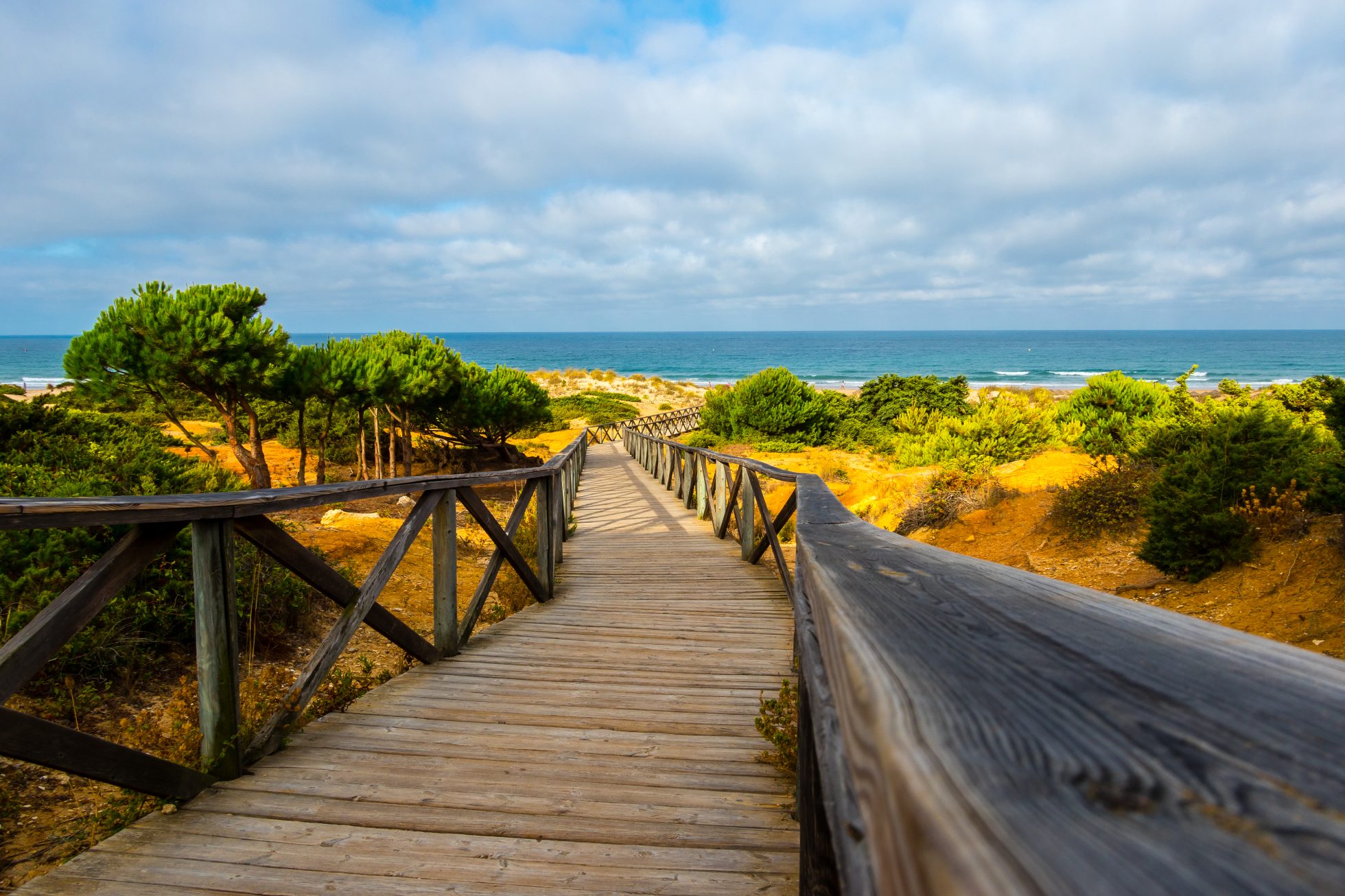 Plaża La Barrosa w Hiszpanii z błękitnym morzem i złotym piaskiem.