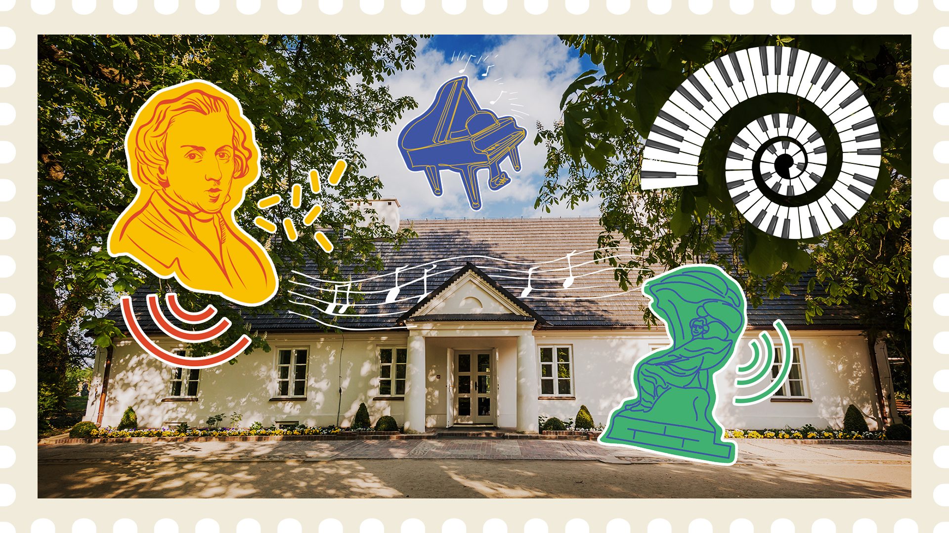 Foto de la casa solariega de Żelazowa Wola decorada con gráficos relacionados con Chopin