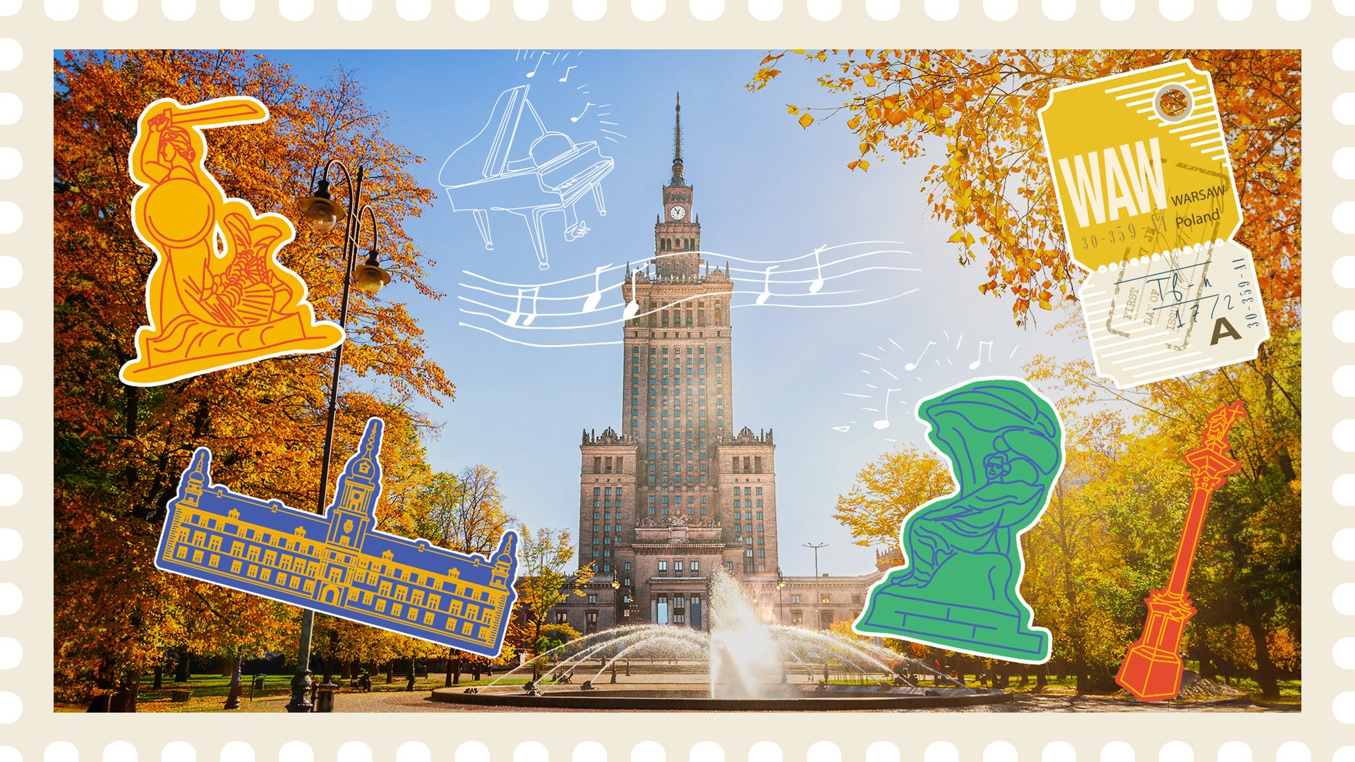 Pałac Kultury w Warszawie, zdjęcie z graficznymi ozdobnikami