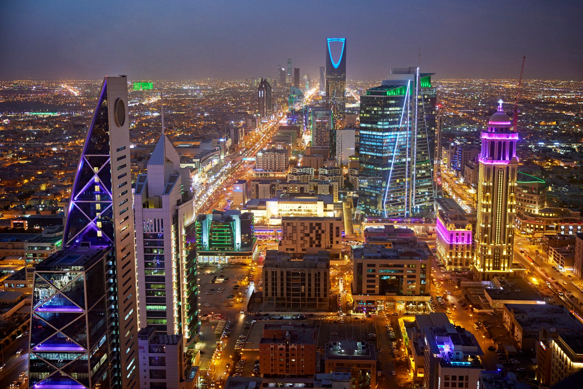 Modern buildings at night in Riyadh, Saudi Arabia